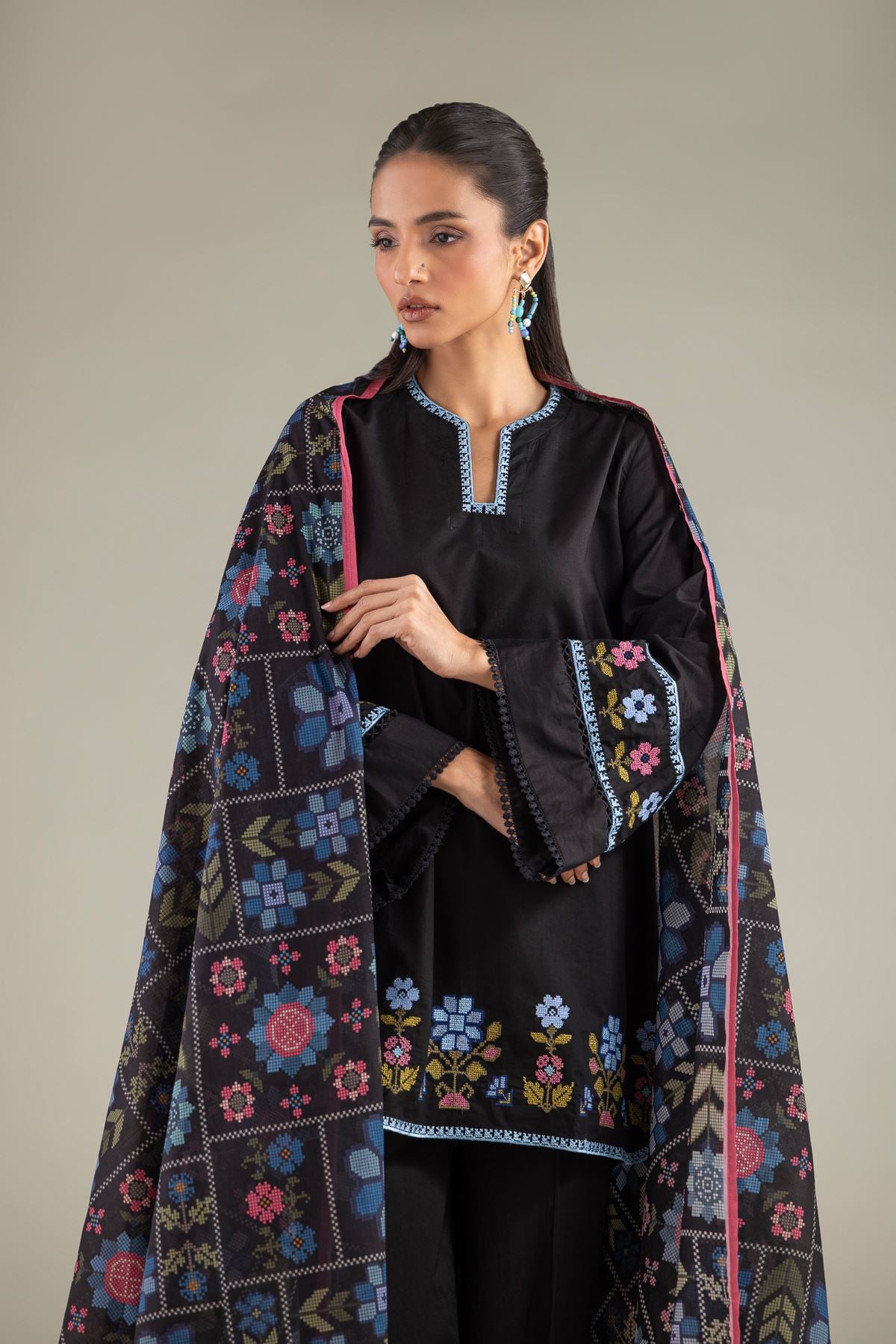 Embroidered Cambric Floral Flared Kurta - 1-26-111-A-F-VG