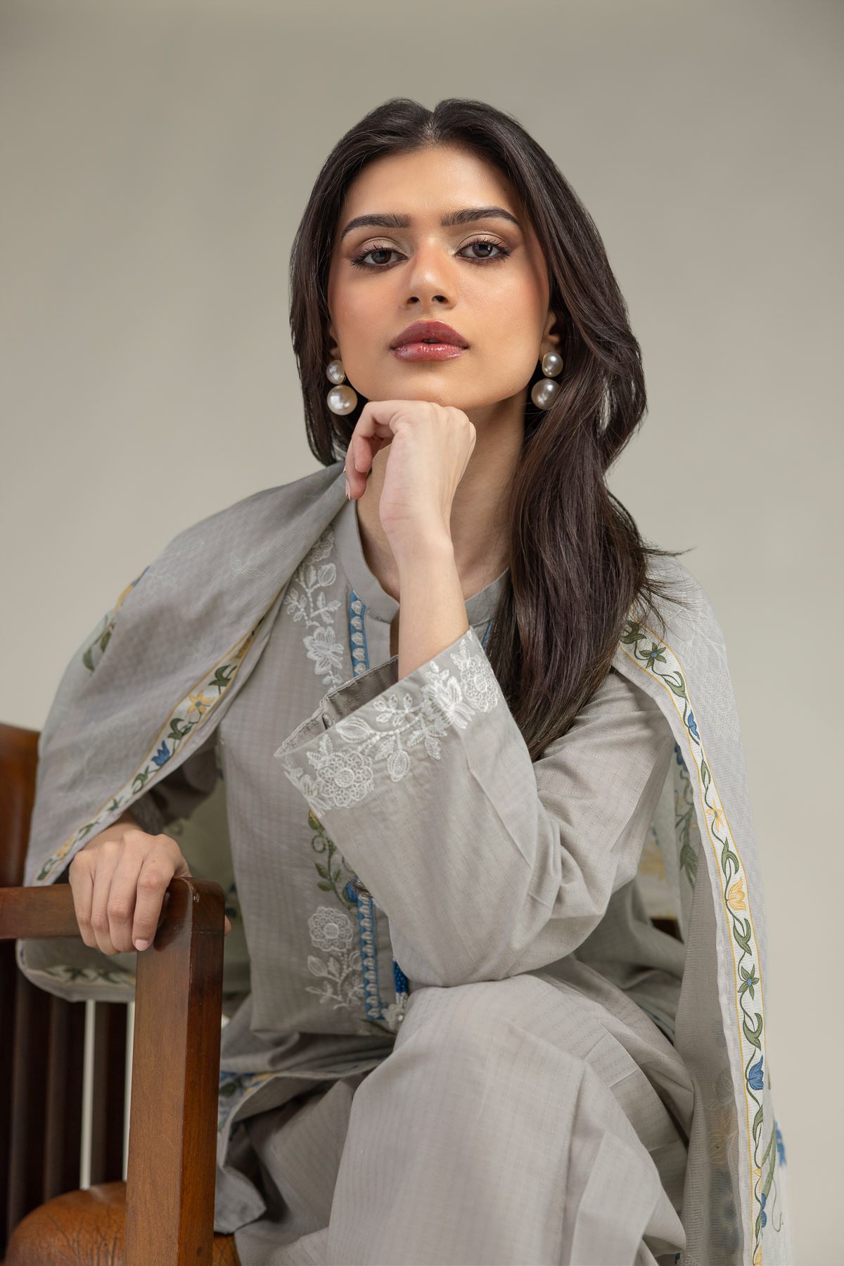 Embroidered Cotton Net Gray Floral Dupatta - 1-26-225-A-C1-VG