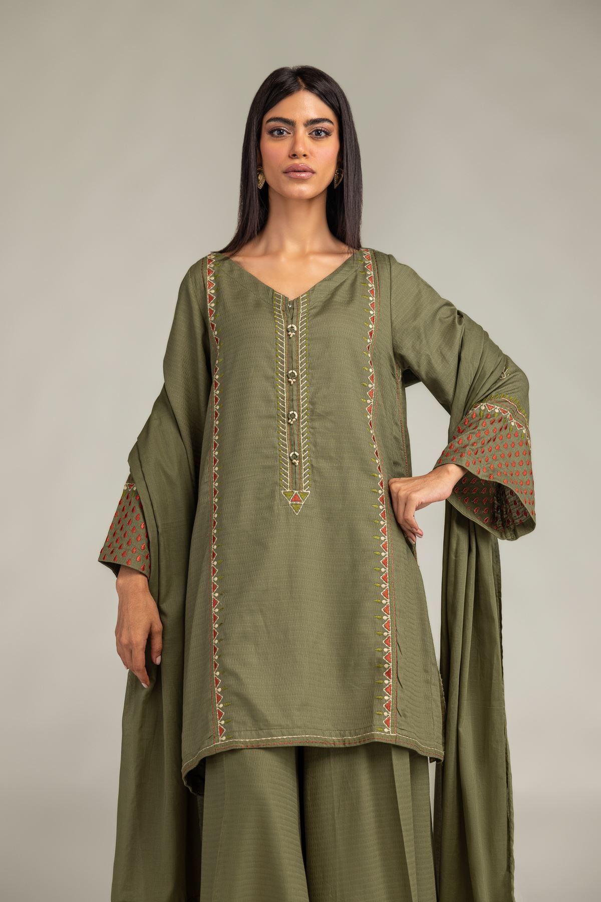 Embroidered Cotton Dobby Olive V-Neck Kurta - T-A33-26-207FD1-VG