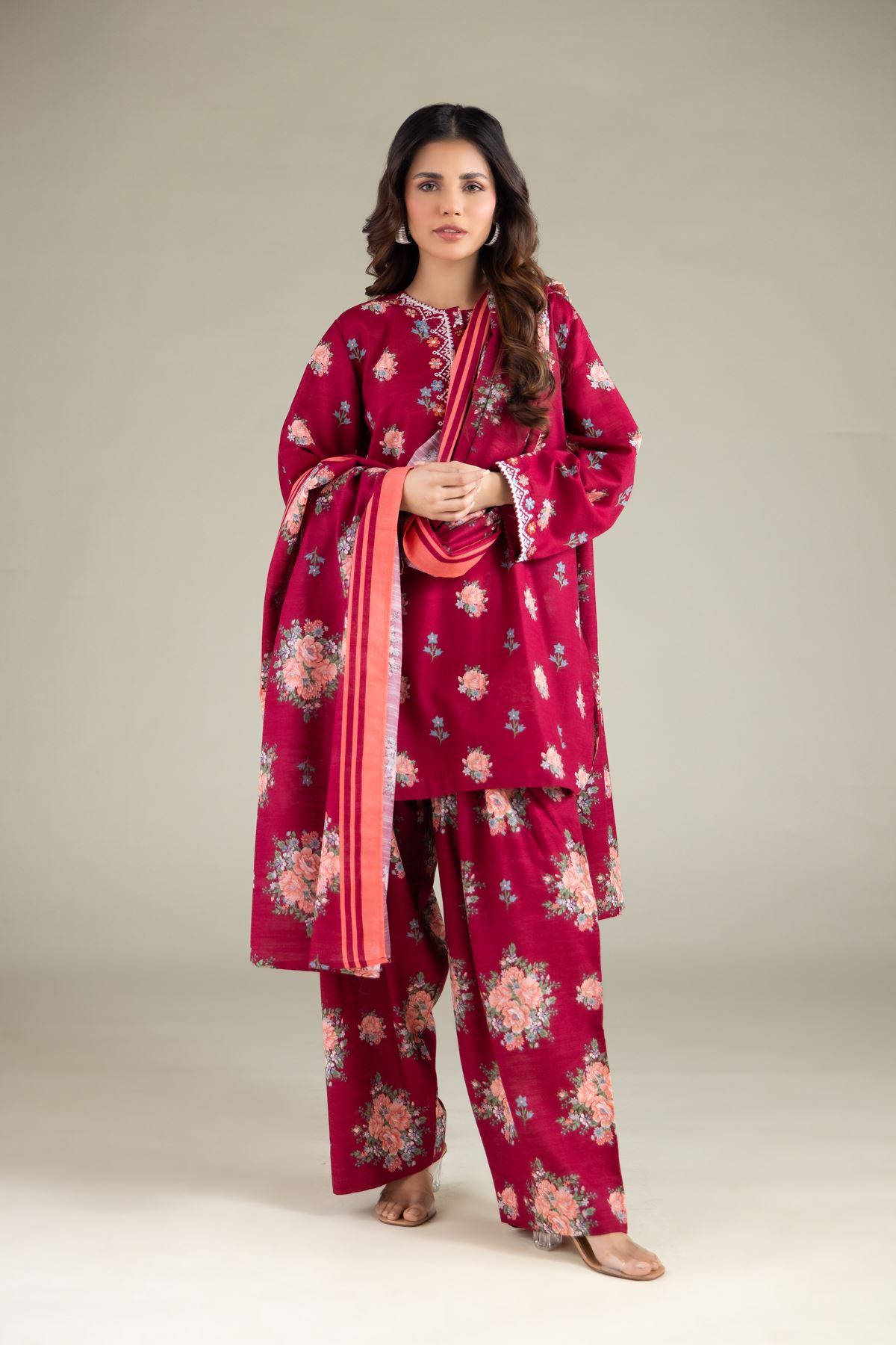 Embroidered Textured Cotton All-Season Striped Dupatta - 1001918628