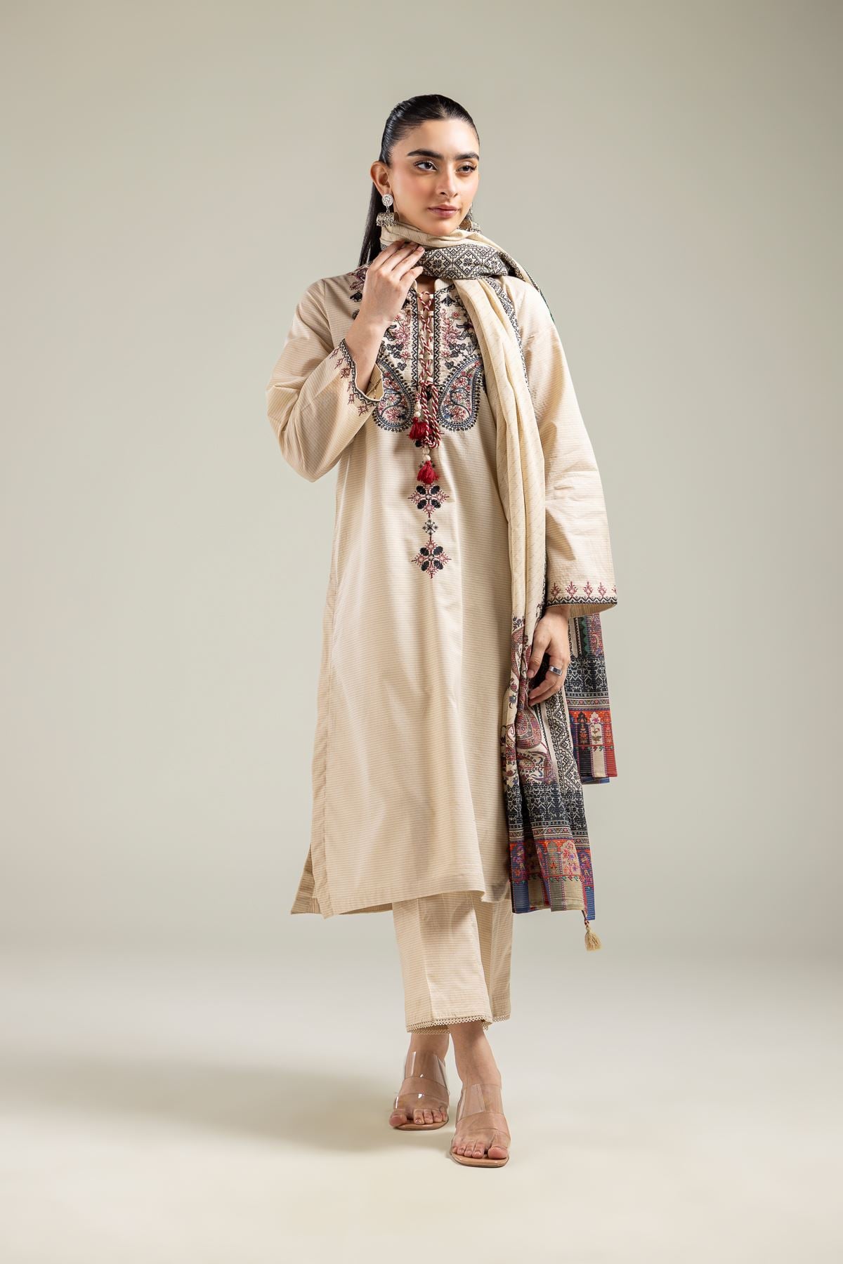 Embroidered Mesuri Solid Mesuri Pants - 1-26-142-A-D-VG