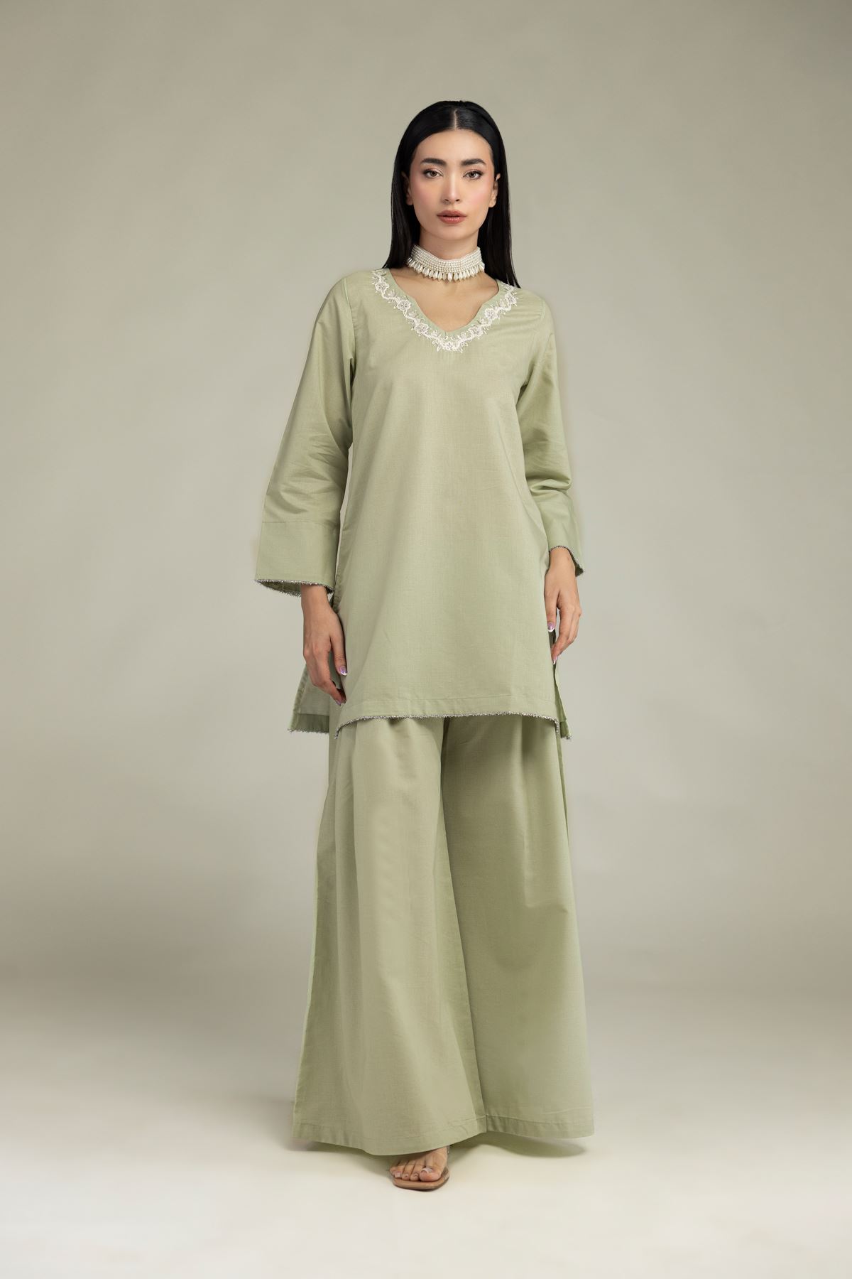 Embroidered Mesuri Solid Mint Pants - 8-26-206-B-A1-VG