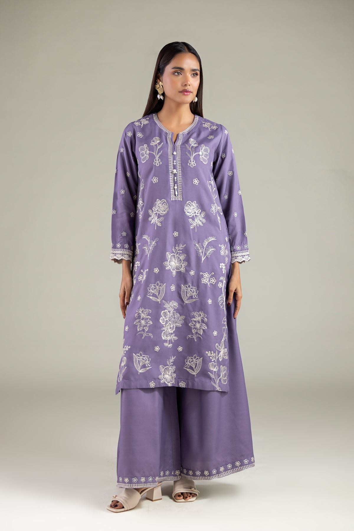 Embroidered Raw Silk Floral V-Neck Kurta - 2-26-102-A-H-VG