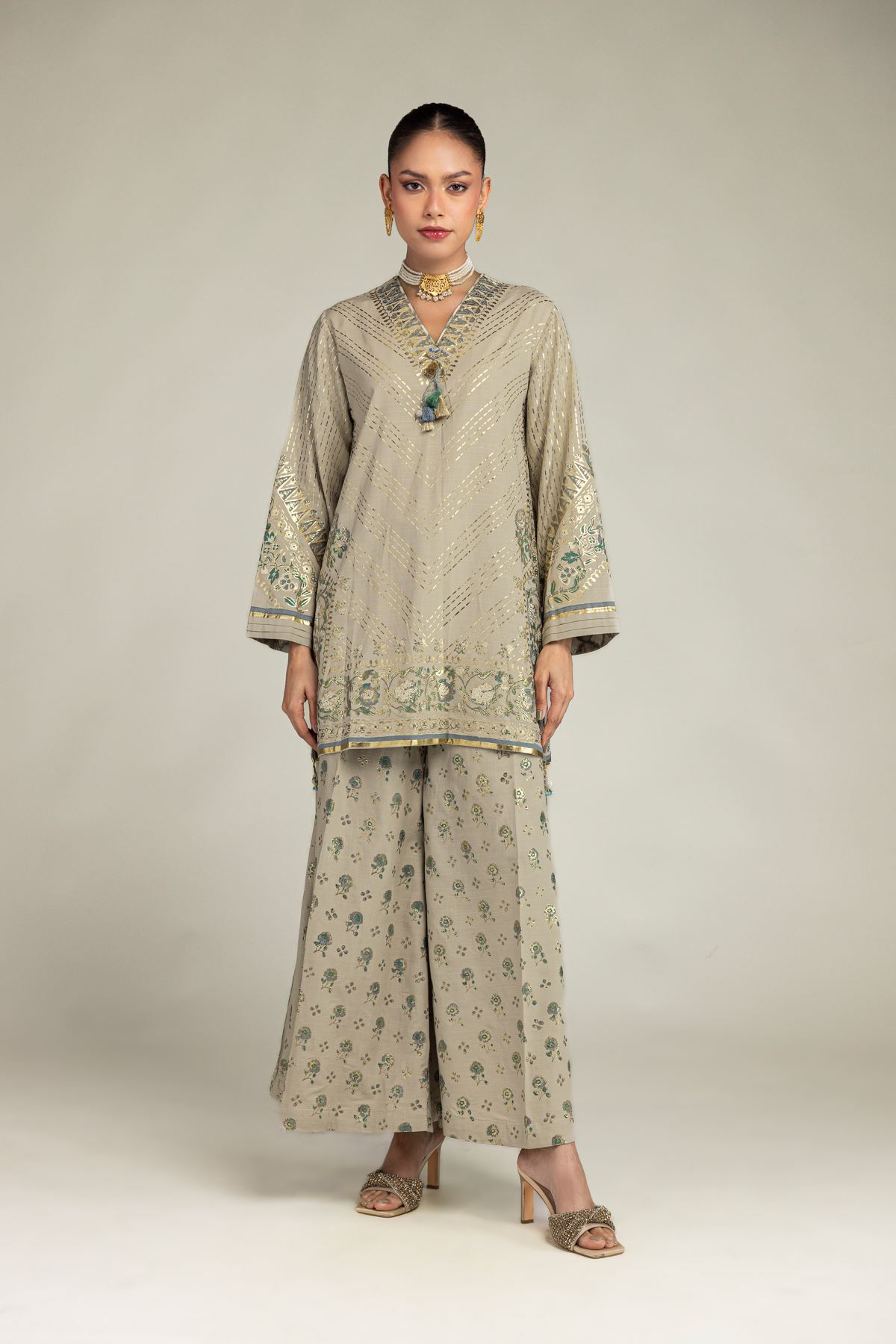 Embroidered Raw Silk Floral Co-ords Set - 1-26-203-A-H1-VG