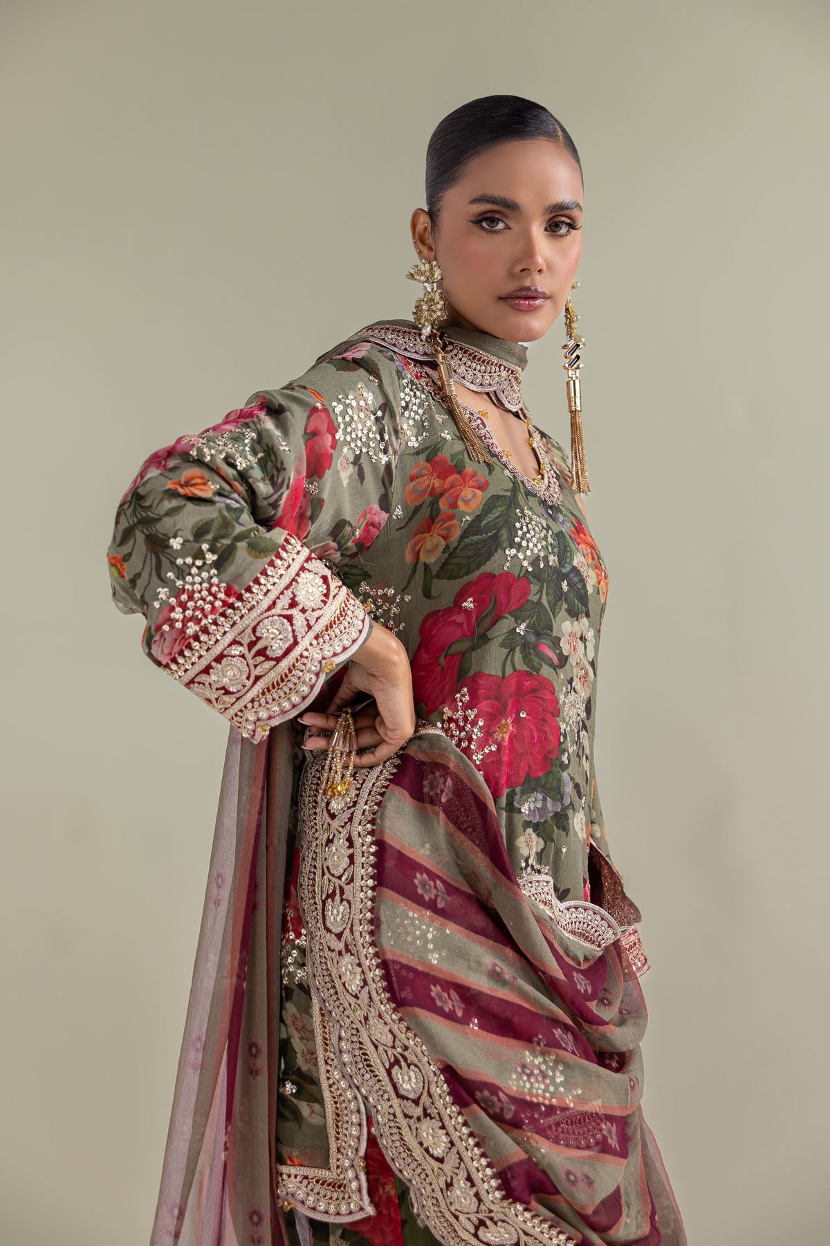 Embroidered Chiffon Floral 3-Piece Co-ords - 12-26-101-E-G-VG