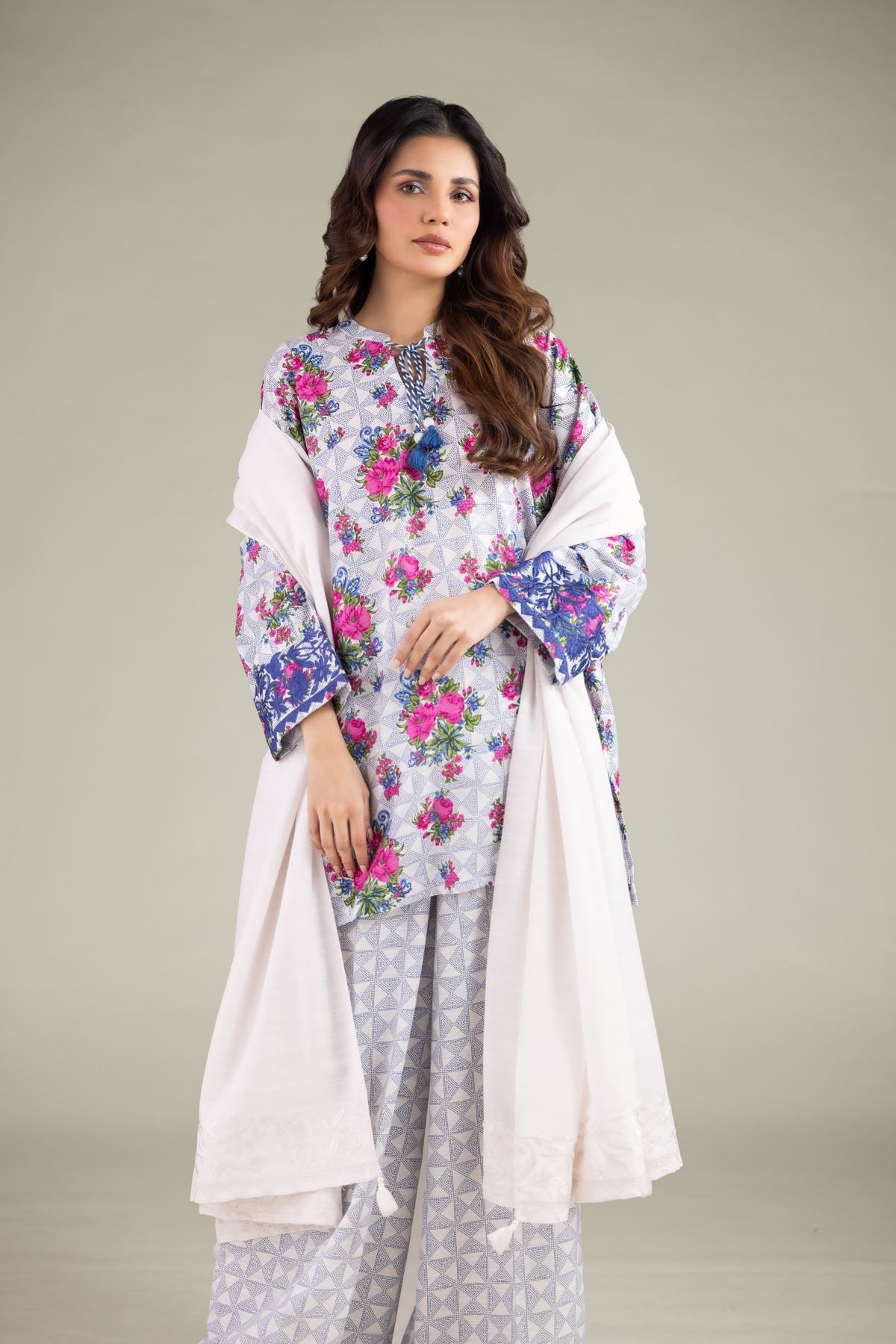 Embroidered Textured Cotton Geometric Tassel Kurta - 1-26-238-A-C1-VG