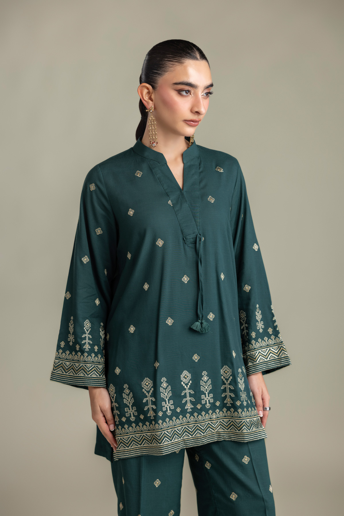 Embroidered Raw Silk Short V-Neck Kurta - 2-26-202-A-D-VG