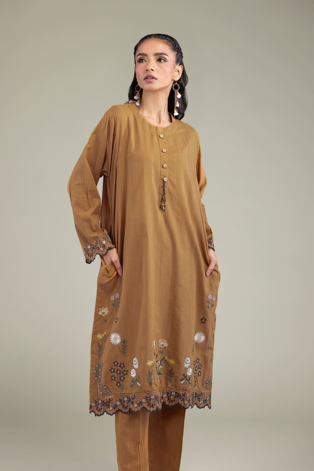 Embroidered Textured Cotton Cotton Longline Kurta - 1-26-206-A-F1-VG