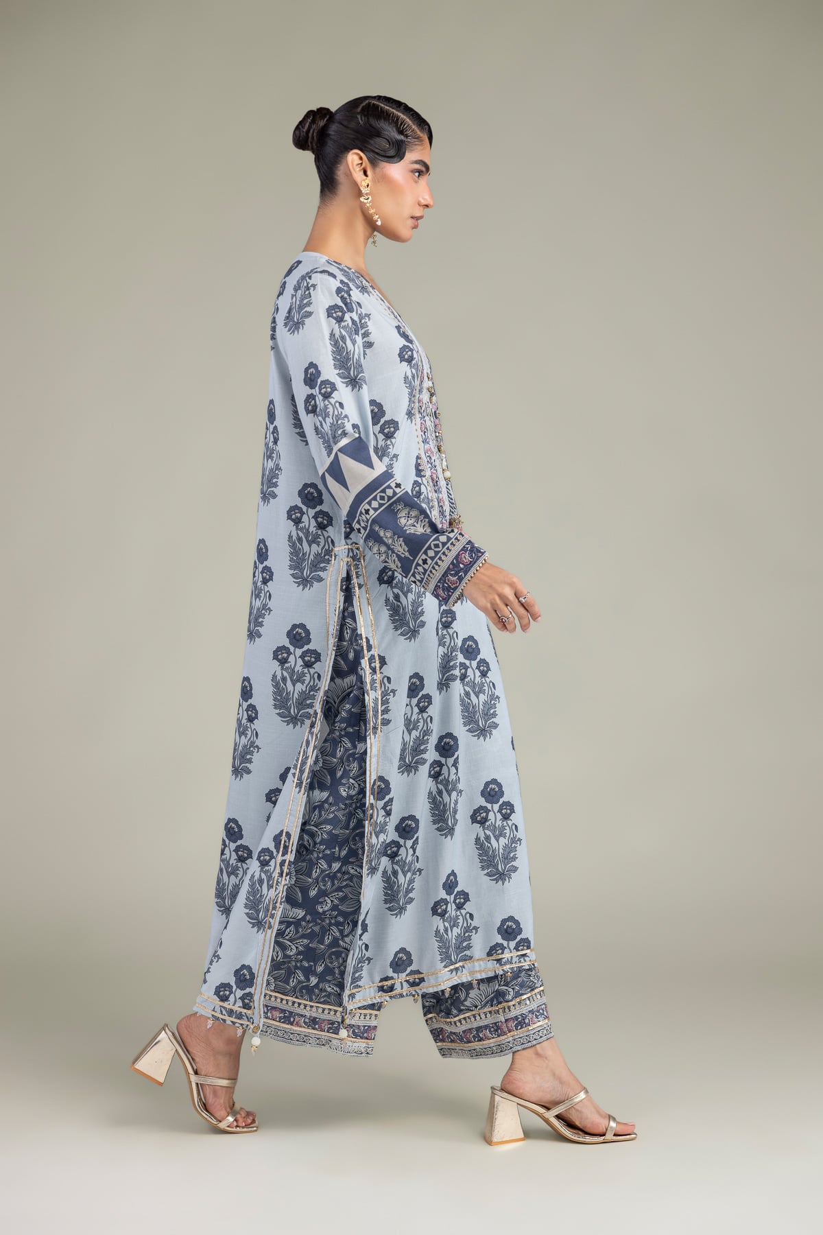 Embroidered Raw Silk Blue Silk Pants - 1-26-102-A-F-VG