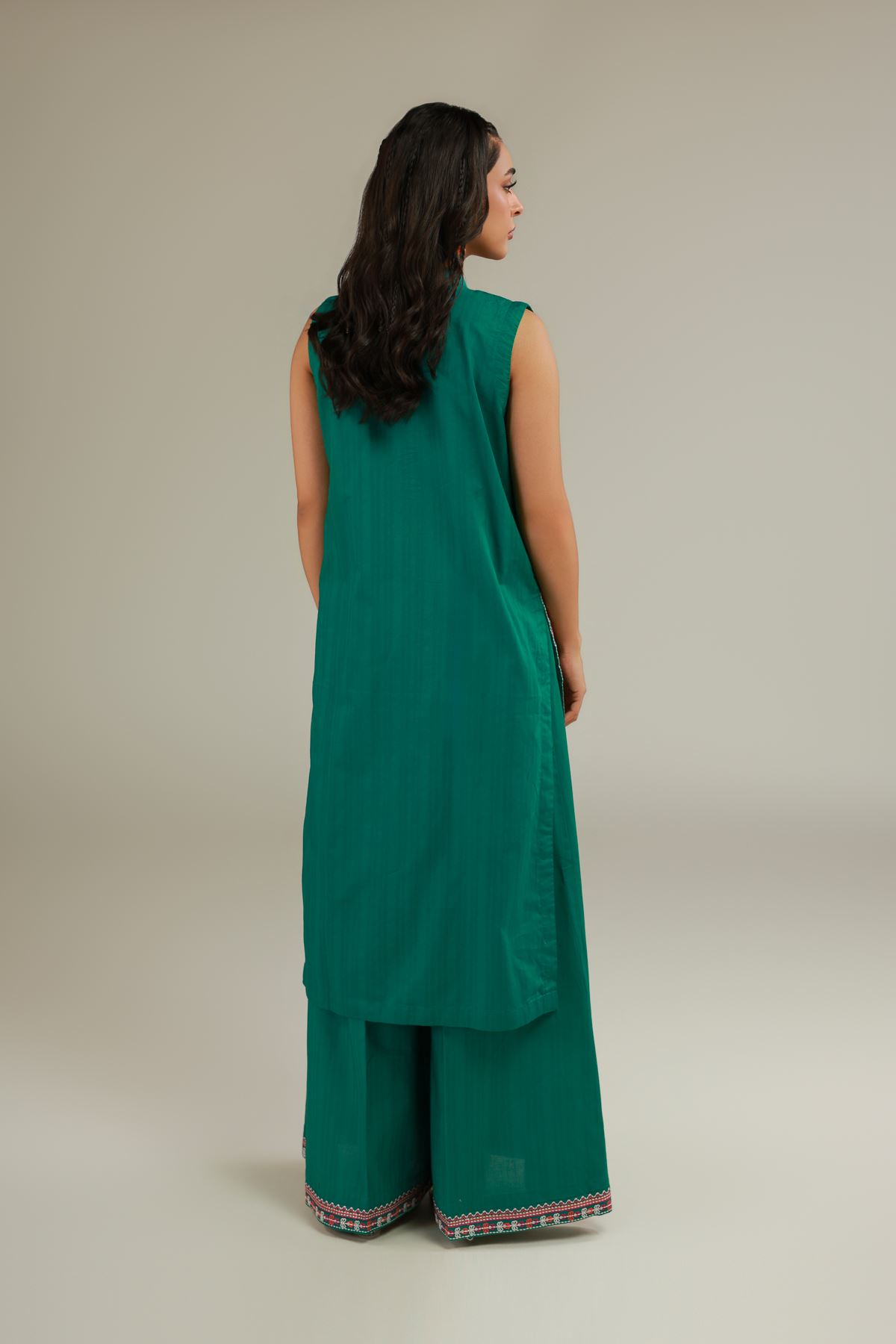 Embroidered Cotton Dobby Green Sleeveless Kurta - 25-09-11E11-07TB-VG
