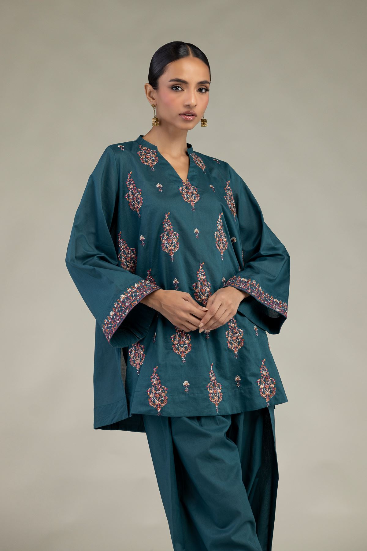 Embroidered Cambric Short Teal Kurta - 1-26-325-A-I1-VG