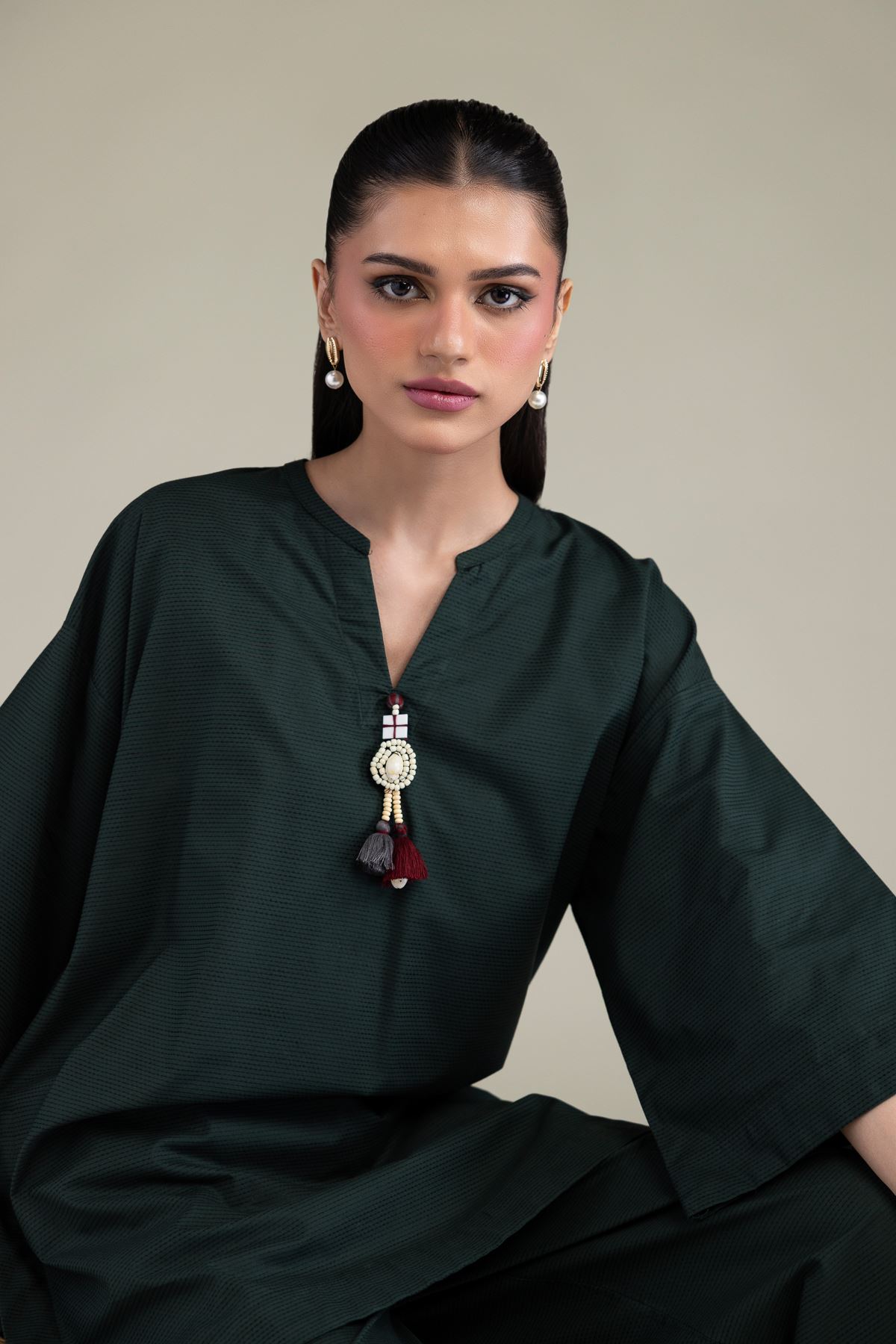 Dyed Textured Cotton Viscose V-Neck Cotton Kurta - 1-26-131-A-B-VG