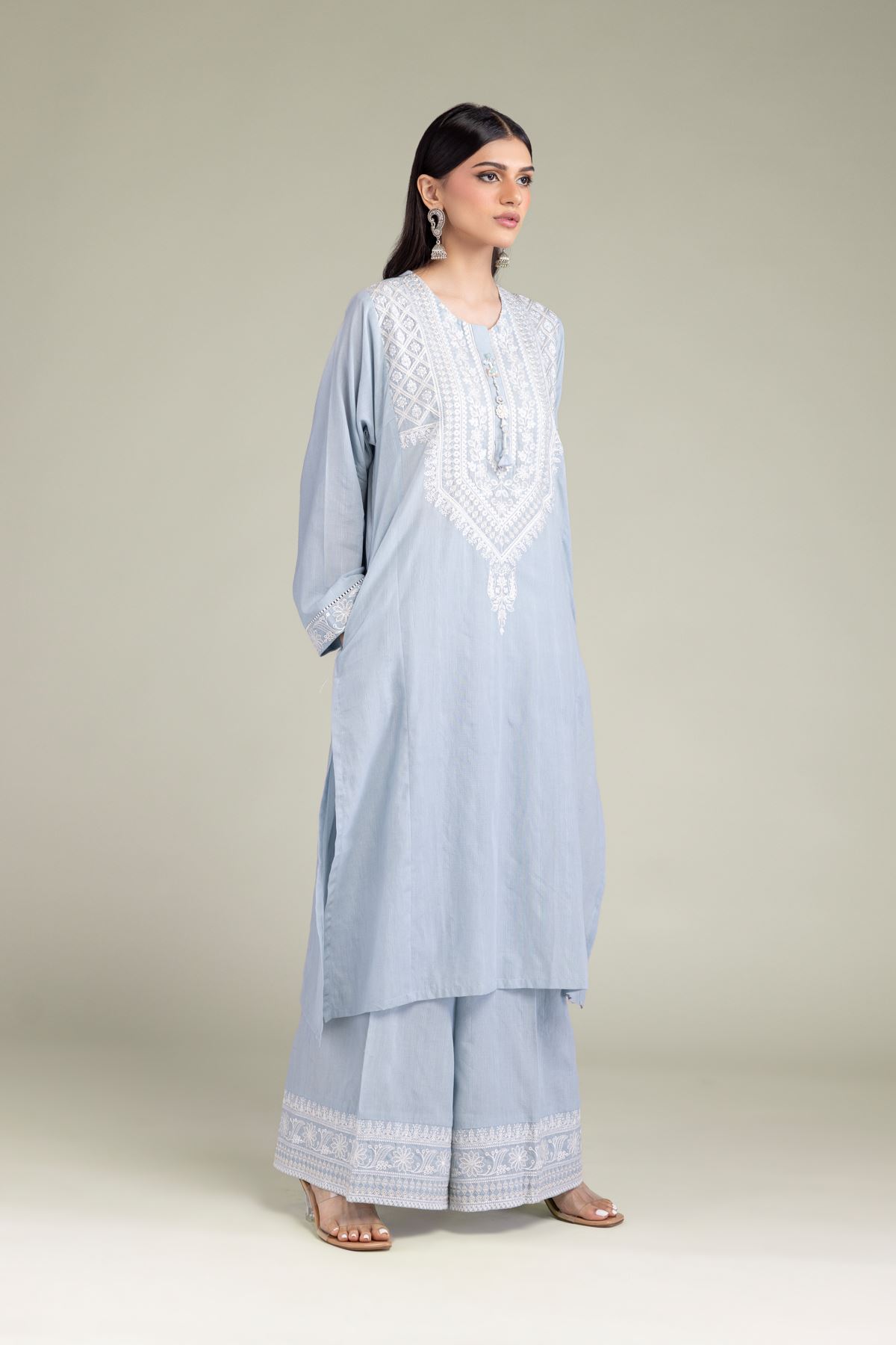 Embroidered Textured Cotton Tailored 2 Piece | Top and Bottom - 2-26-102-A-B-VG