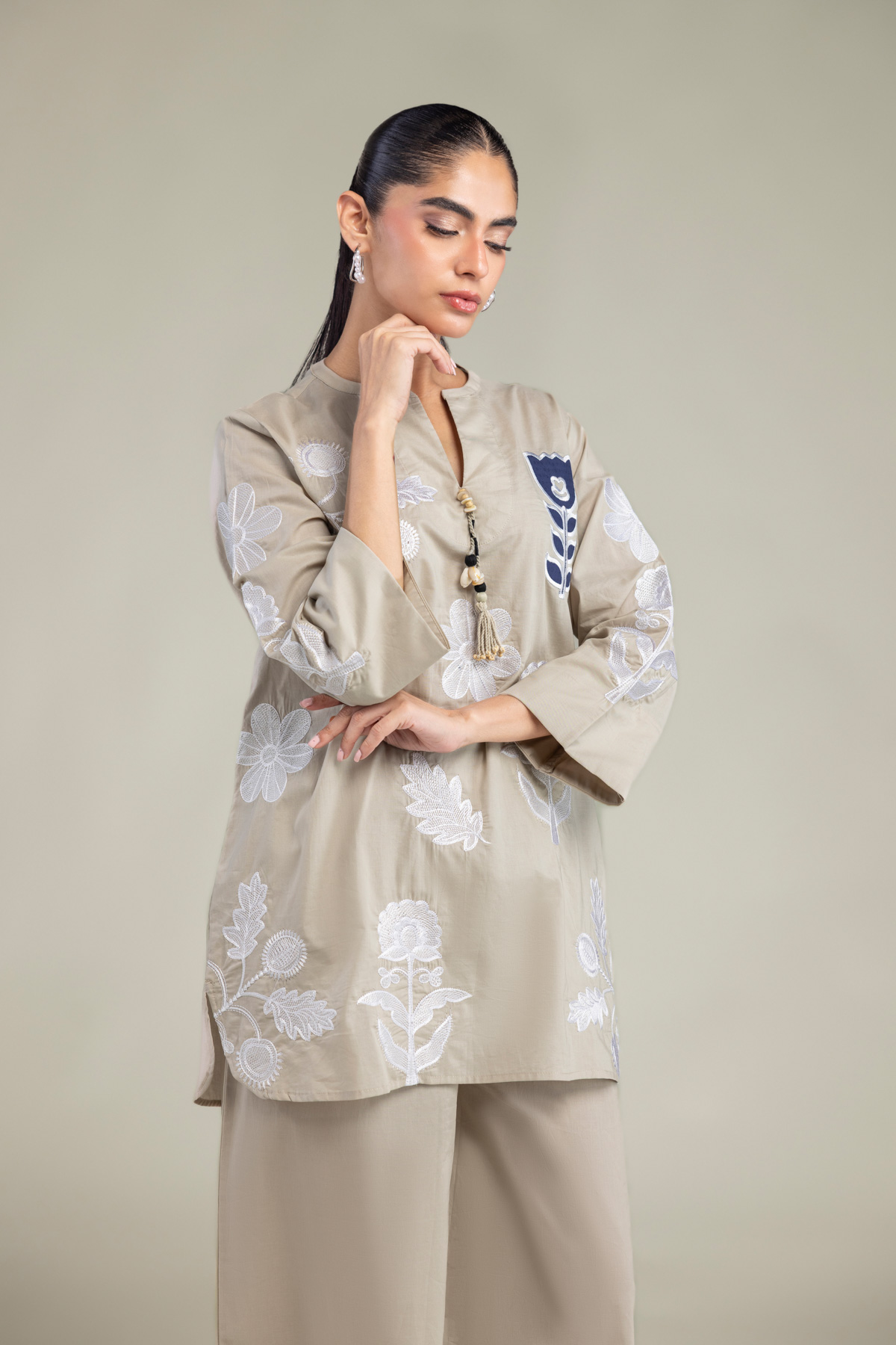Embroidered Cambric Floral Cambric Tunic - 1-26-102-A-F-VG