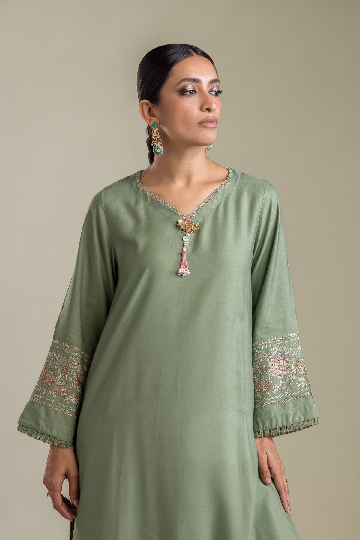 Embroidered Raw Silk Longline Silk Kurta - 2-26-403-A-H1-VG