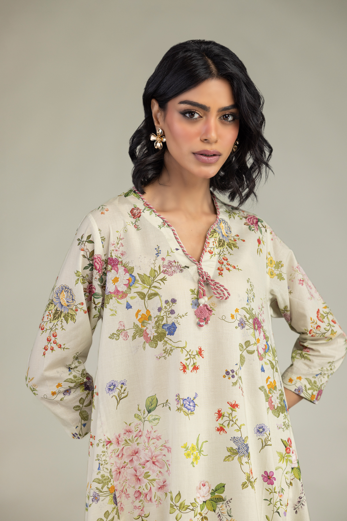 Embroidered Cambric Floral V-Neck Kurta - 1-26-240-A-J1-VG