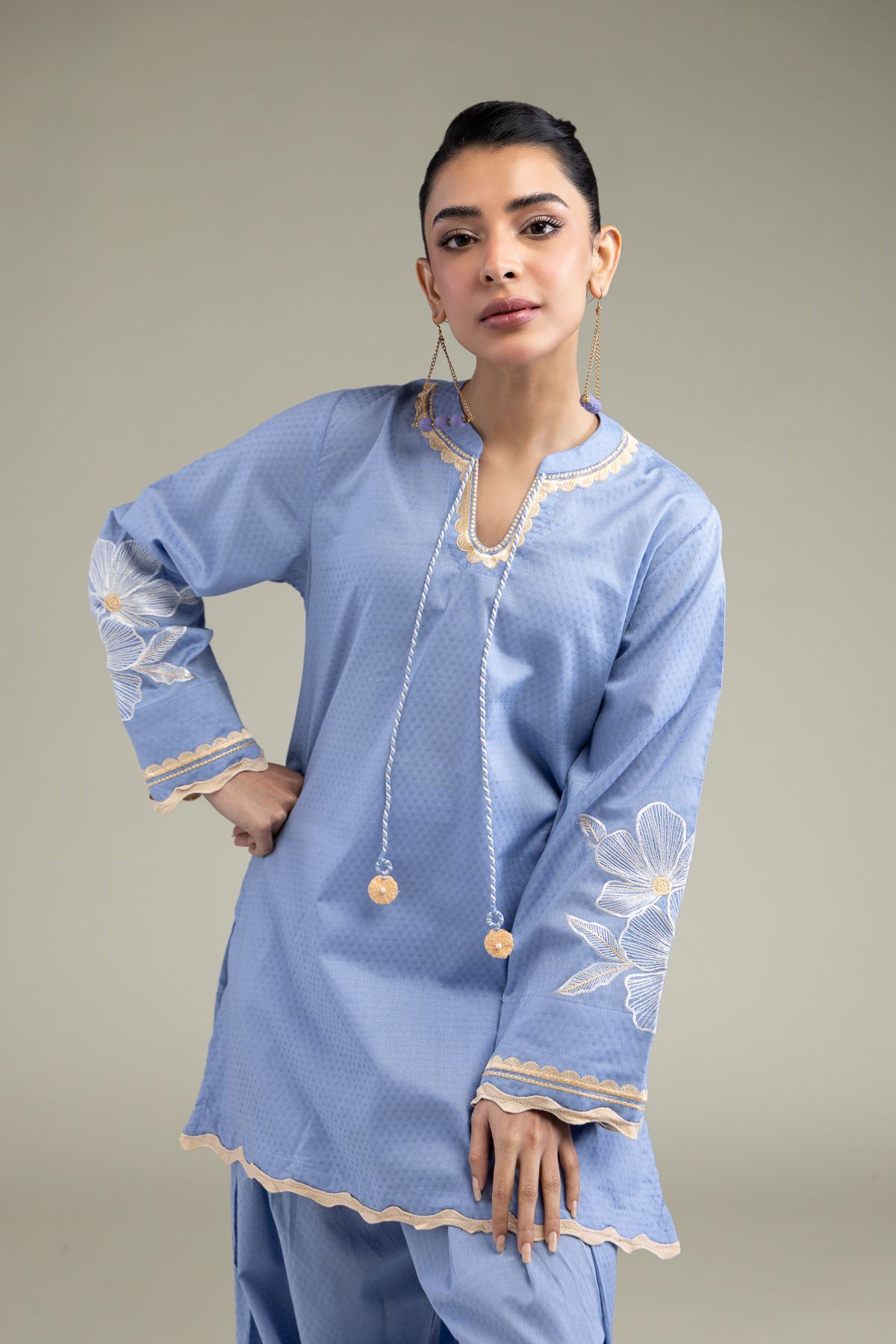 Embroidered Cotton Dobby Floral Scalloped Kurta - 1-26-211-A-F1-VG