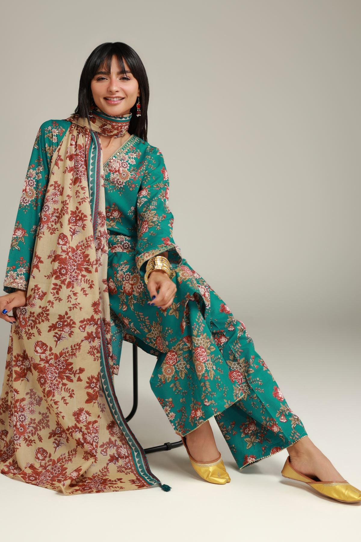 Embroidered Cambric Floral Longline Kurta - 1-26-132-A-E-VG