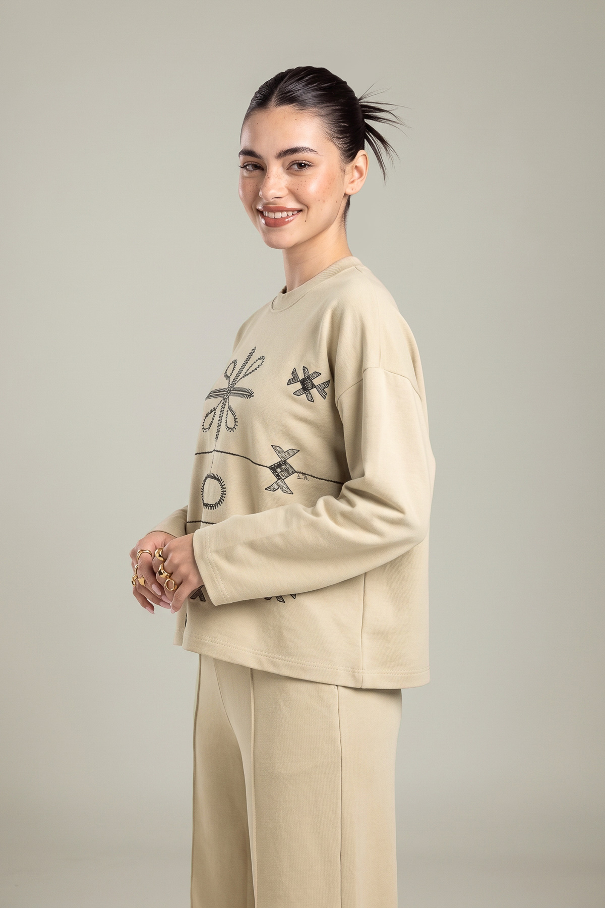 Embroidered Double Jersey Tribal Pullover Sweatshirt - 2-26-202-A-D-VG