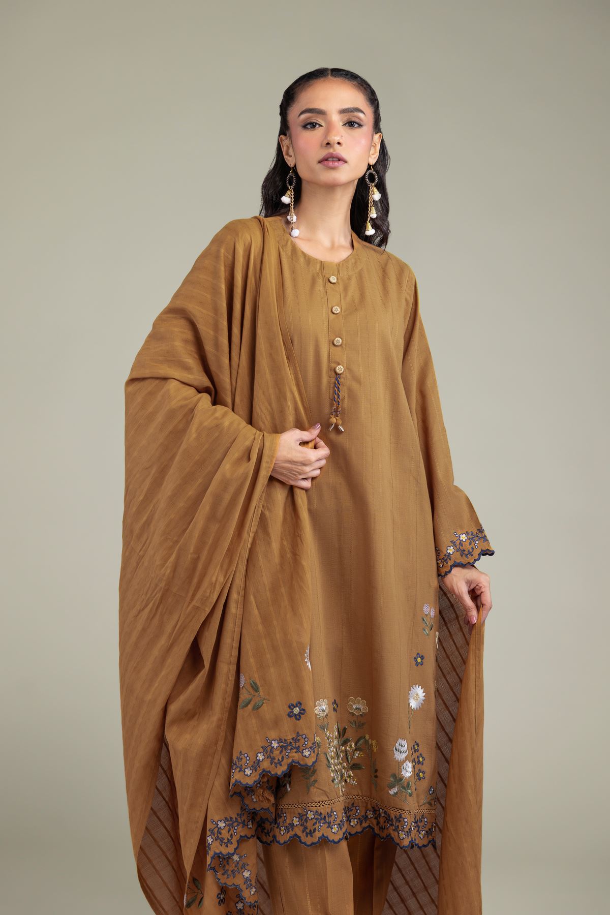 Embroidered Textured Cotton Floral Cotton Dupatta - 1-26-131-A-B-VG