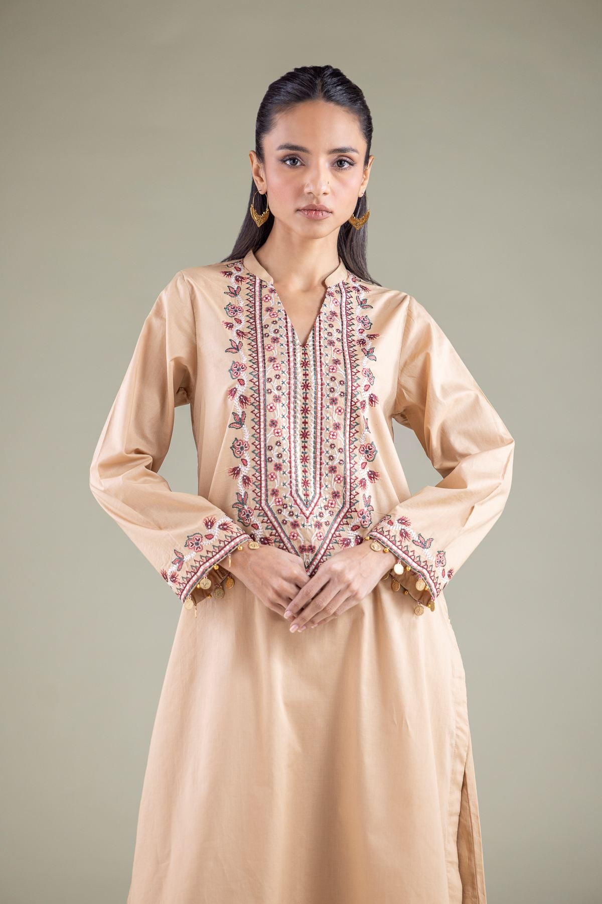 Embroidered Cambric Long V-Neck Kurta - 1-26-117-A-D-VG