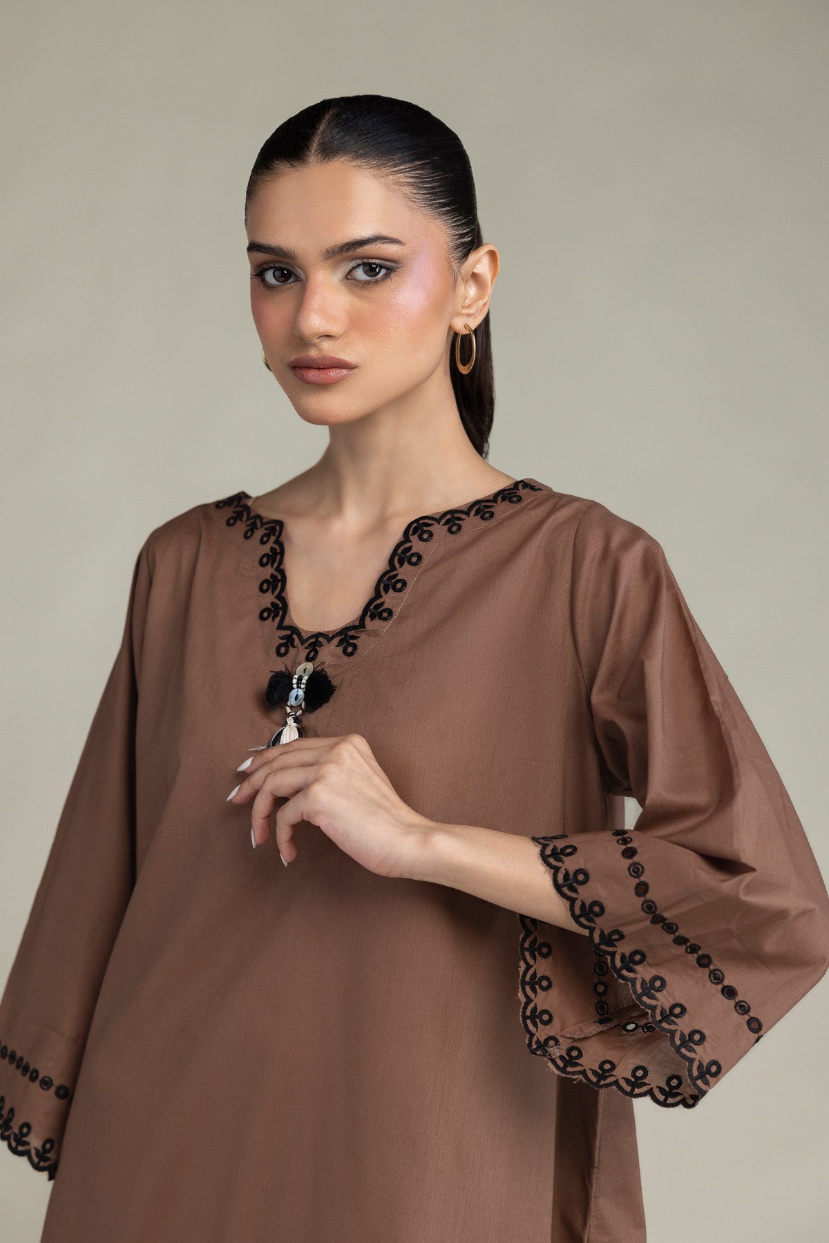 Embroidered Cambric Short Brown Kurta - 1-26-303-B-G1-VG