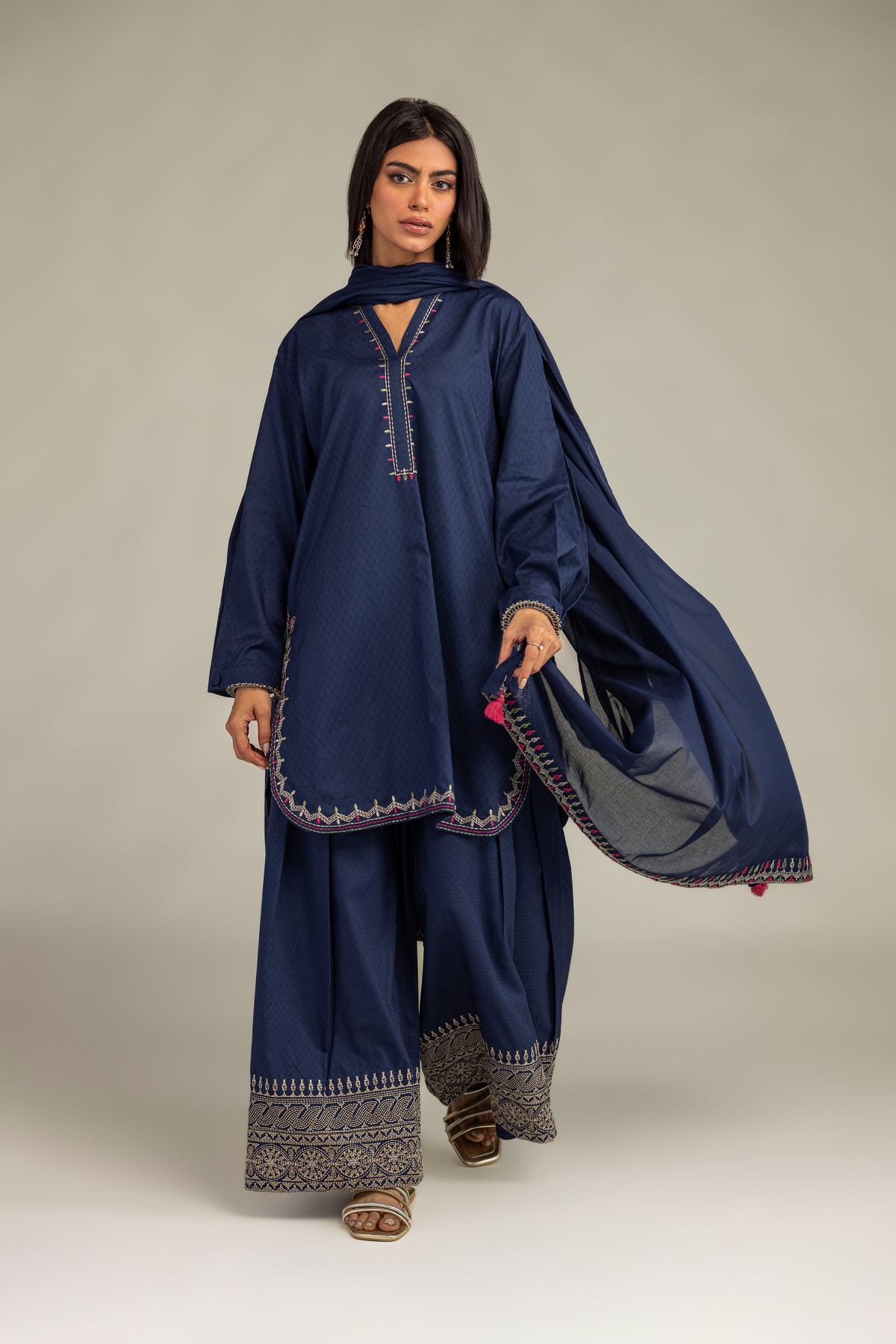 Embroidered Lawn Navy Lawn Dupatta - 1-26-102-A-F-VG
