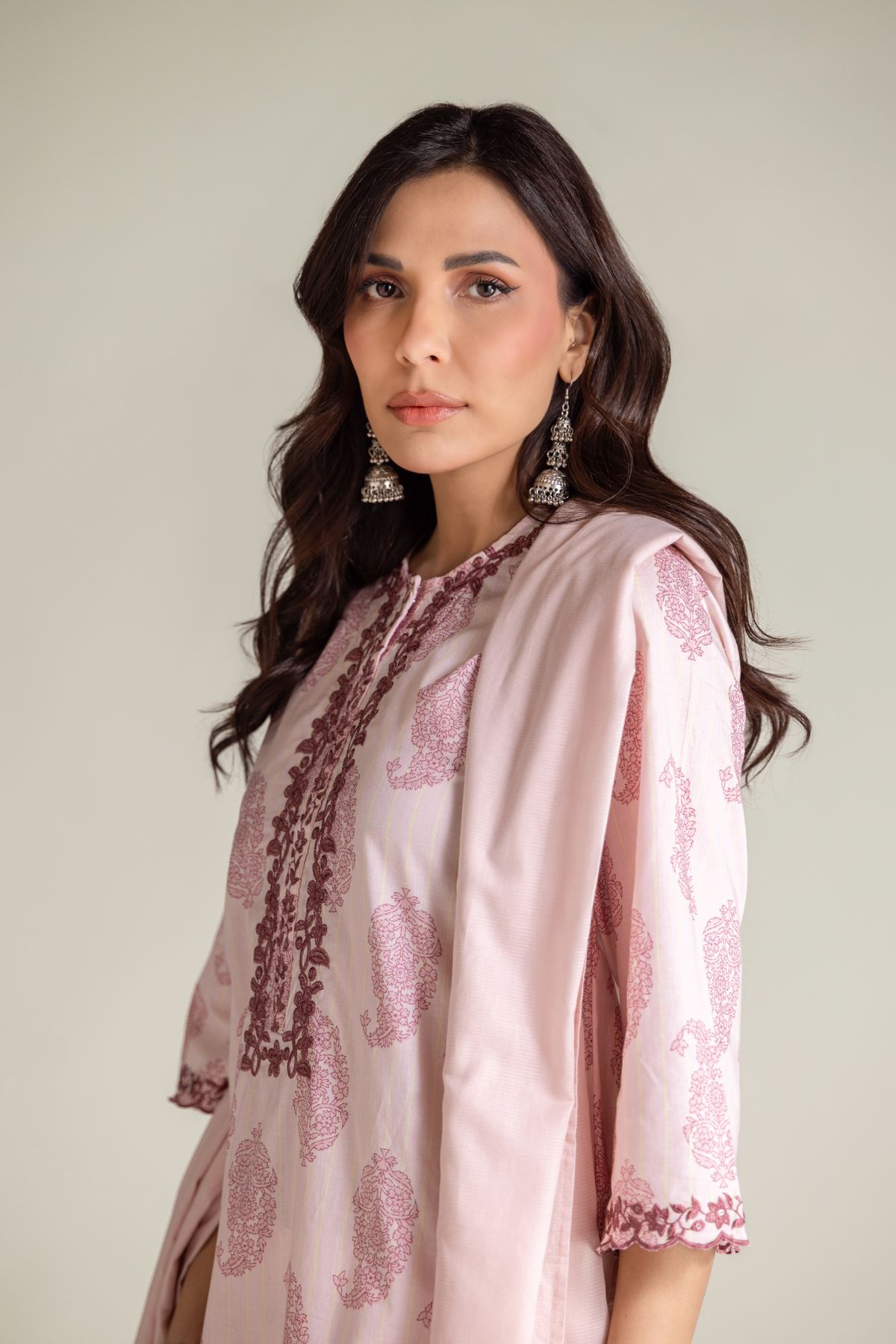 Embroidered Textured Lawn Lawn Pink Dupatta - 1-26-139-A-E-VG