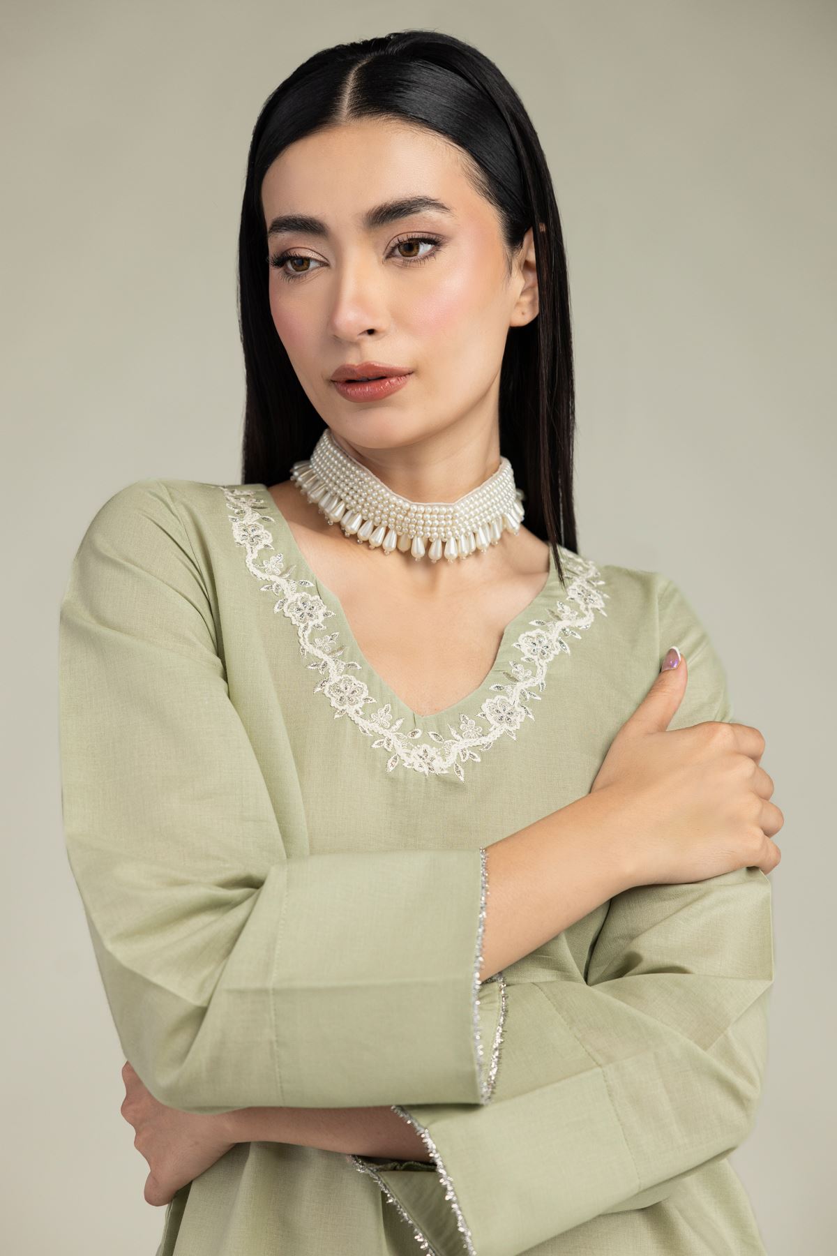 Embroidered Mesuri V-Neck Mint Kurta - 1-26-205-A-F1-VG