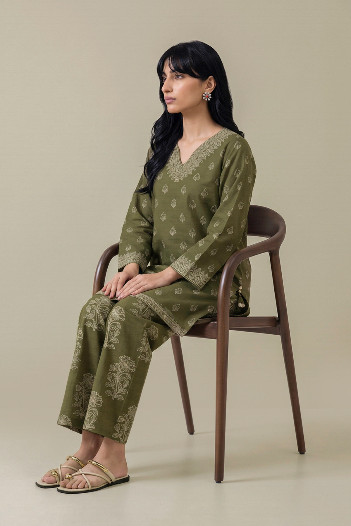 Printed Light Khaddar Printed Olive Kurta - 2-26-308-A-G1-VG