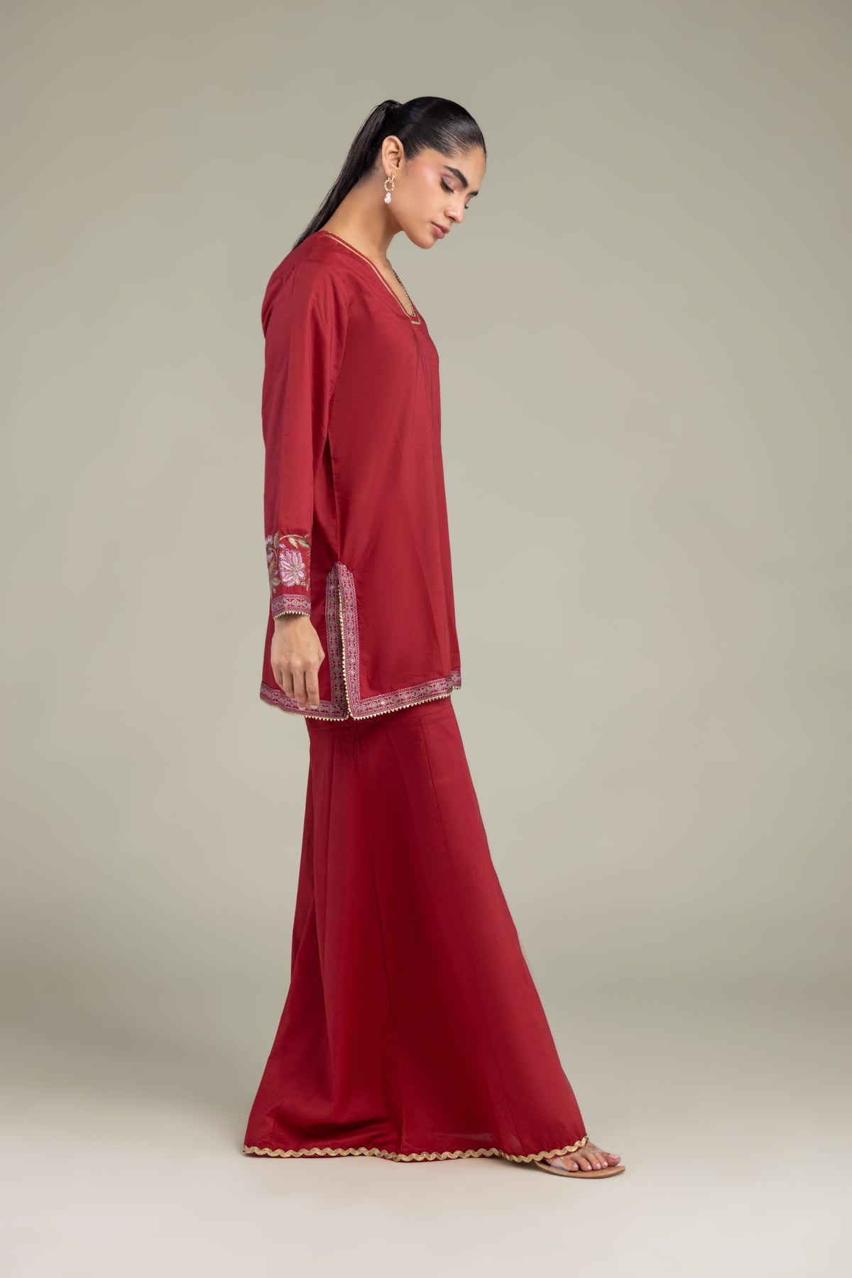 Embroidered Cambric Red Solid Pants - 1-26-102-A-F-VG