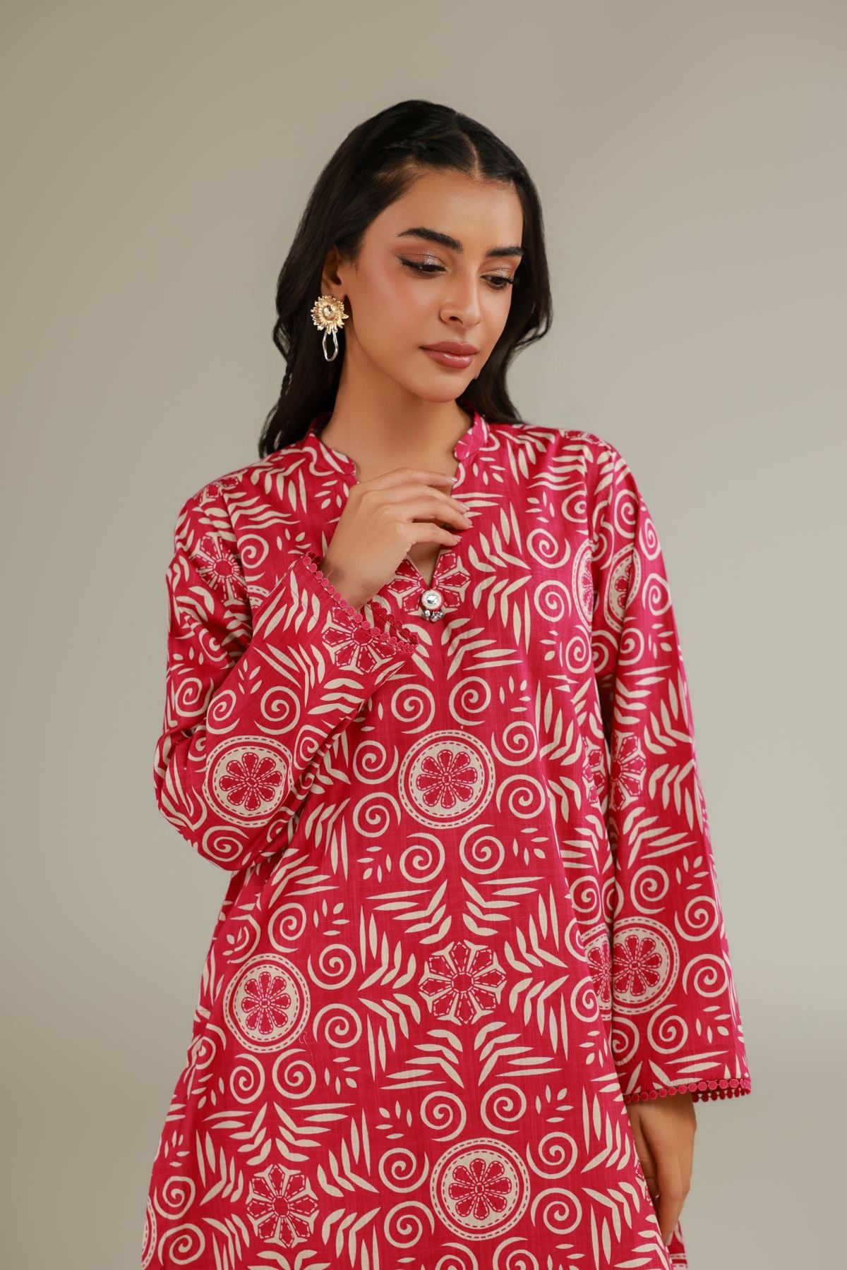Printed Textured Cotton Floral Red Kurta - 25-11-12S2-10TA-VG