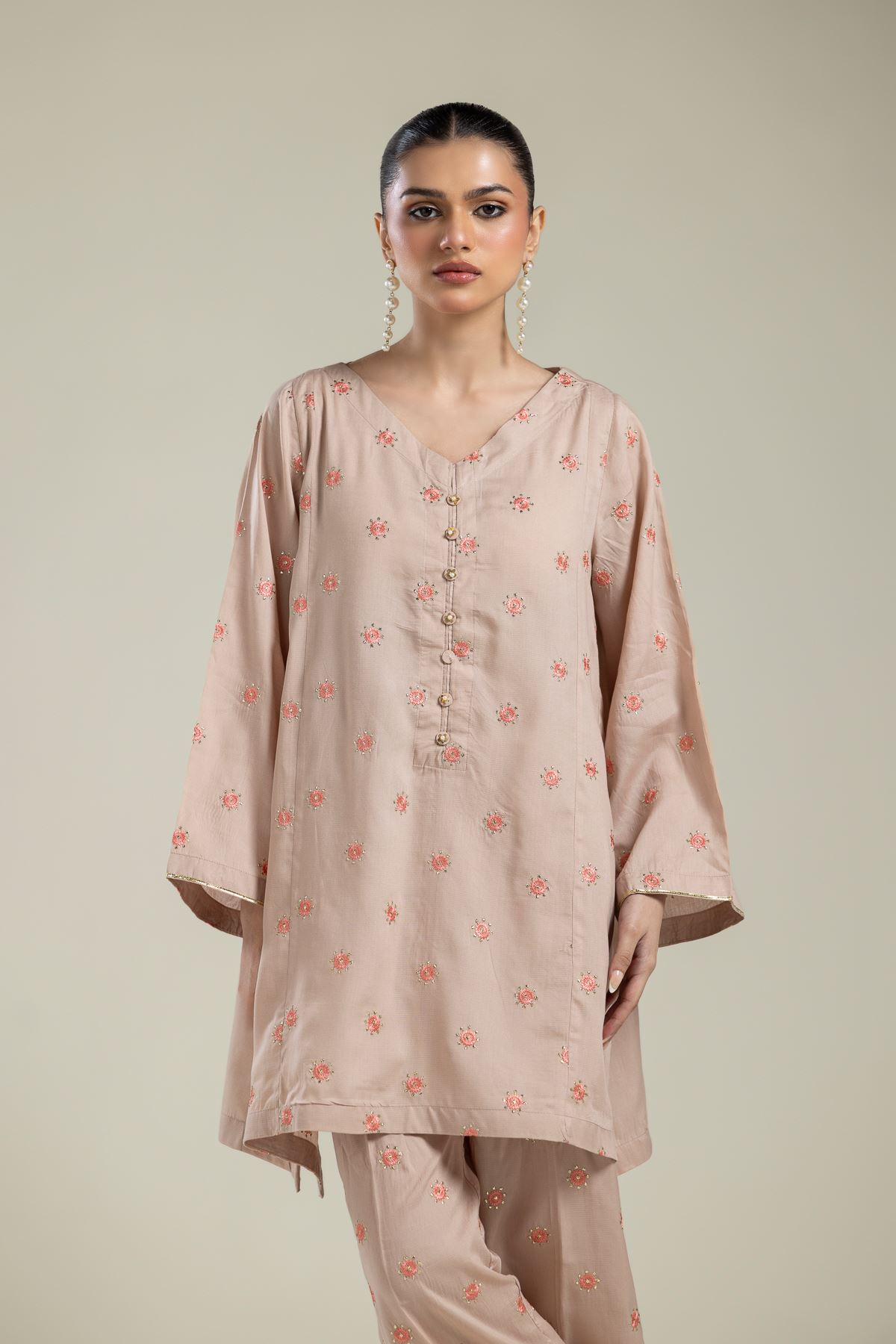 Embroidered Textured Weave Floral V-Neck Kurta - 2-26-202-A-E-VG