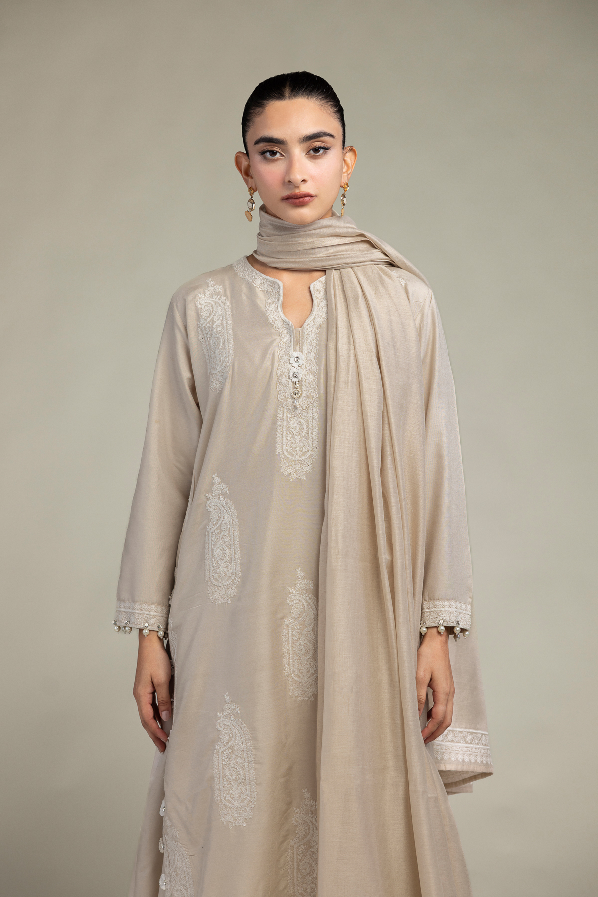 Cotton Net Paisley Beige Dupatta - 2-26-303-C-F1-VG