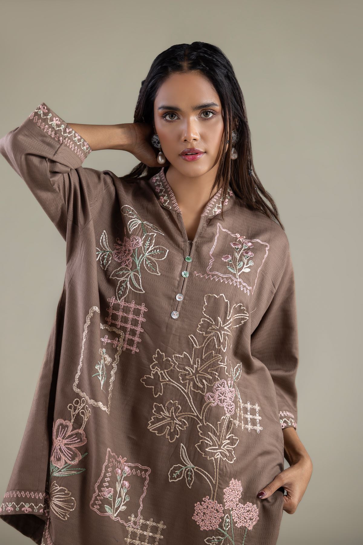 Embroidered Cotton Dobby Floral V-Neck Kurta - 1-26-114-A-F-VG