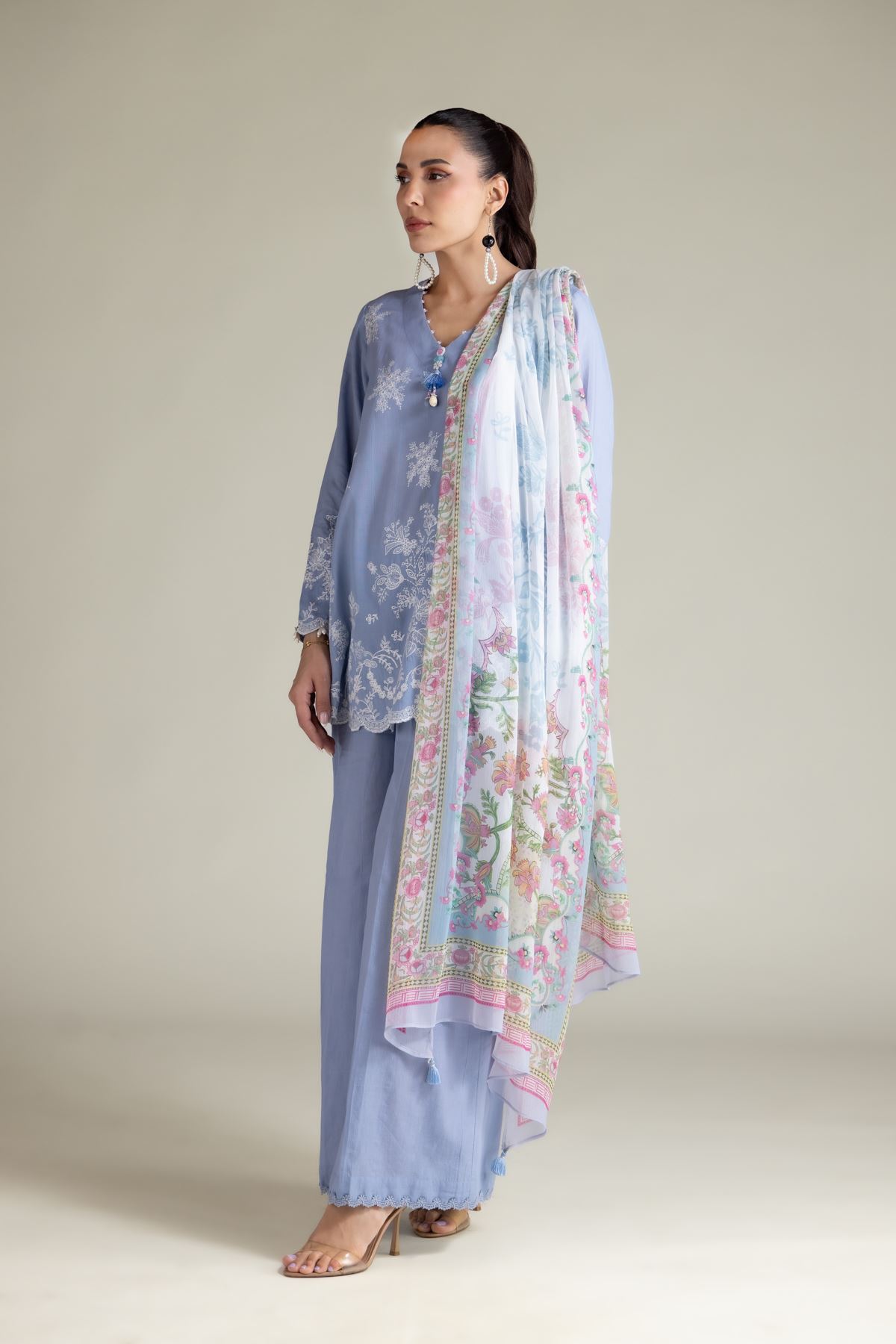 Embroidered Textured Cotton Tailored 3 Piece - T-A22-26-207FE2-VG