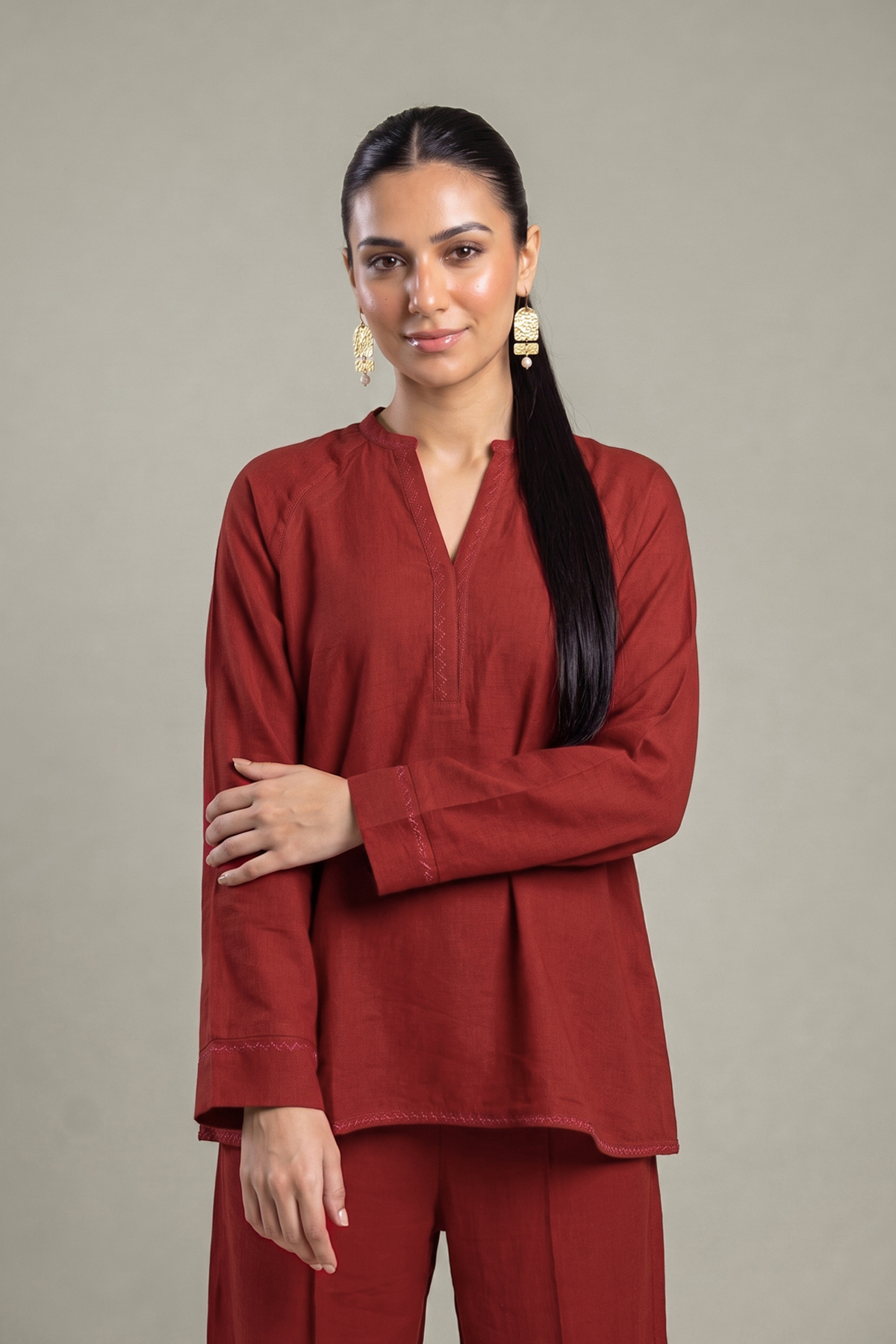 Dyed Crepe Rust V-Neck Tunic - 1-26-408-A-A1-VG