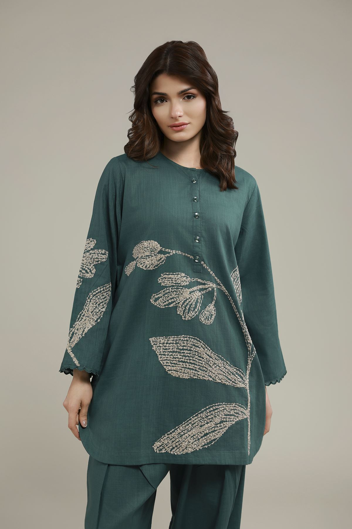 Embroidered Heavy Textured Cotton Short Floral Kurta - 25-09-9S1-01TA-VG