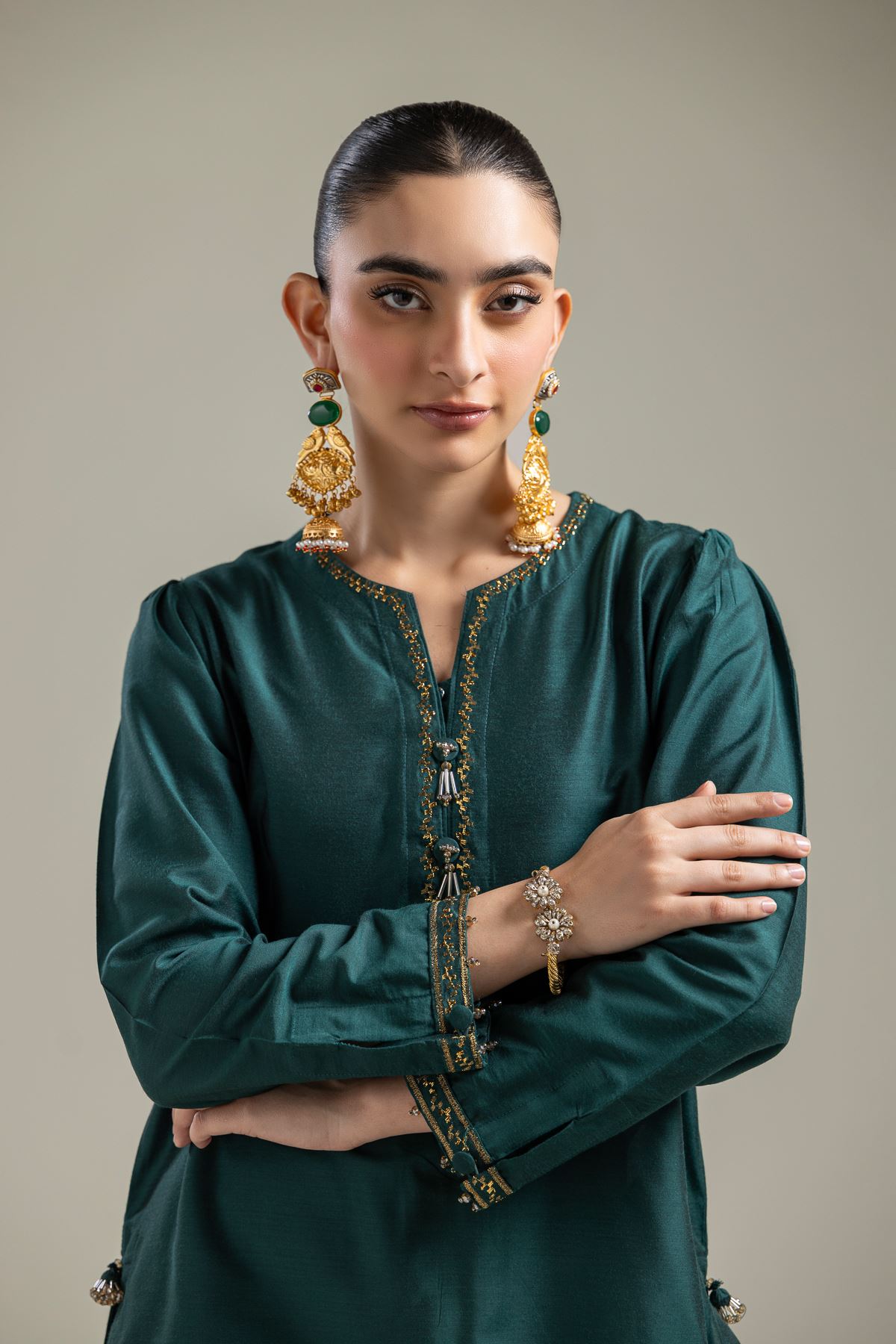 Raw Silk Green V-Neck Kurta - 2-26-107-A-F-VG