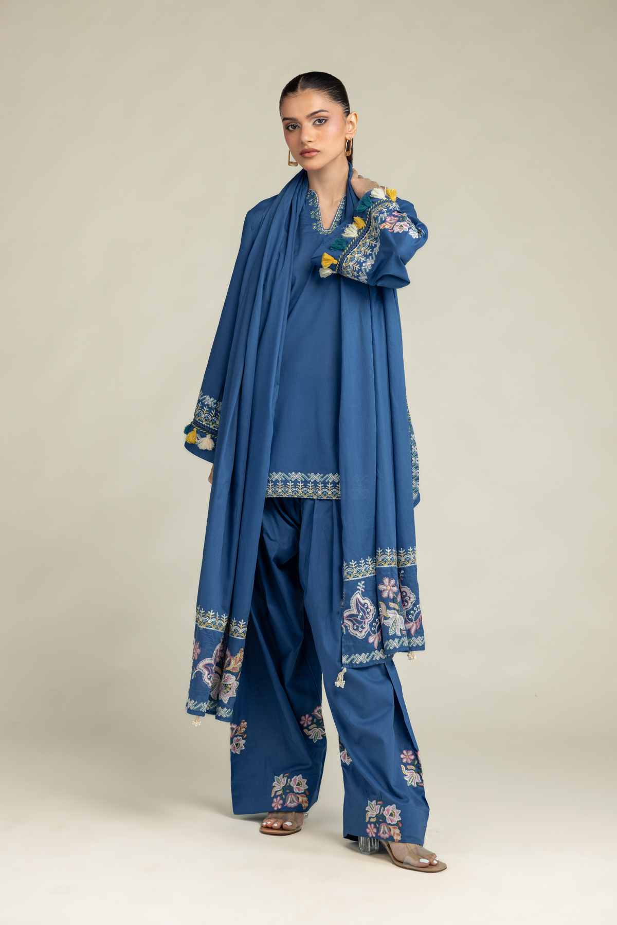 Embroidered Lawn Floral Blue Dupatta - 2-26-308-A-B1-VG