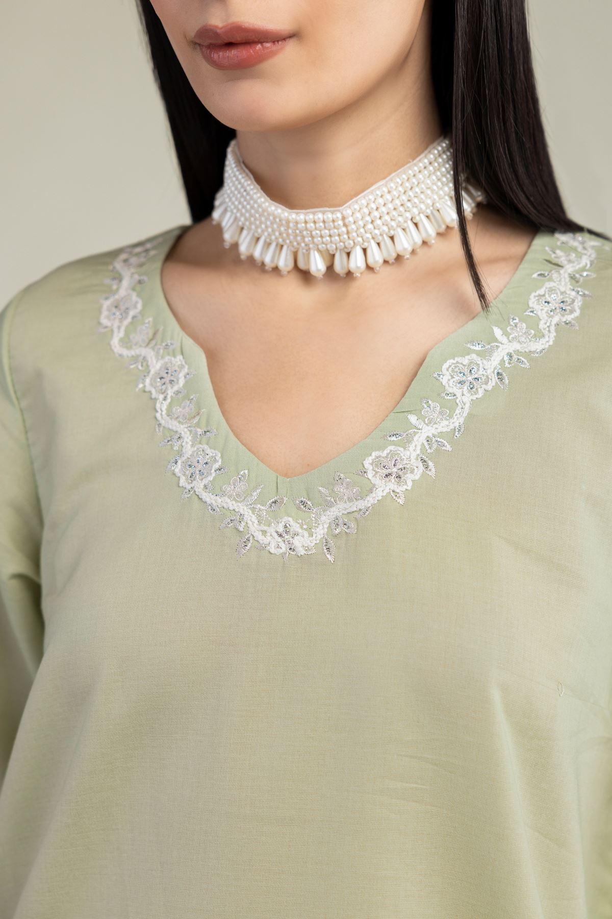 Embroidered Mesuri V-Neck Mint Kurta - 1-26-205-A-F1-VG