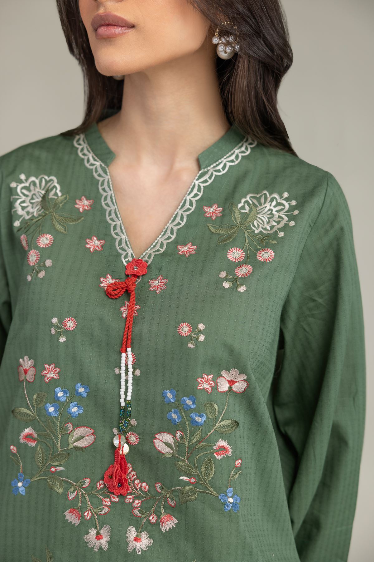 Embroidered Cotton Dobby Short Green Kurta - 2-26-210-A-C1-VG