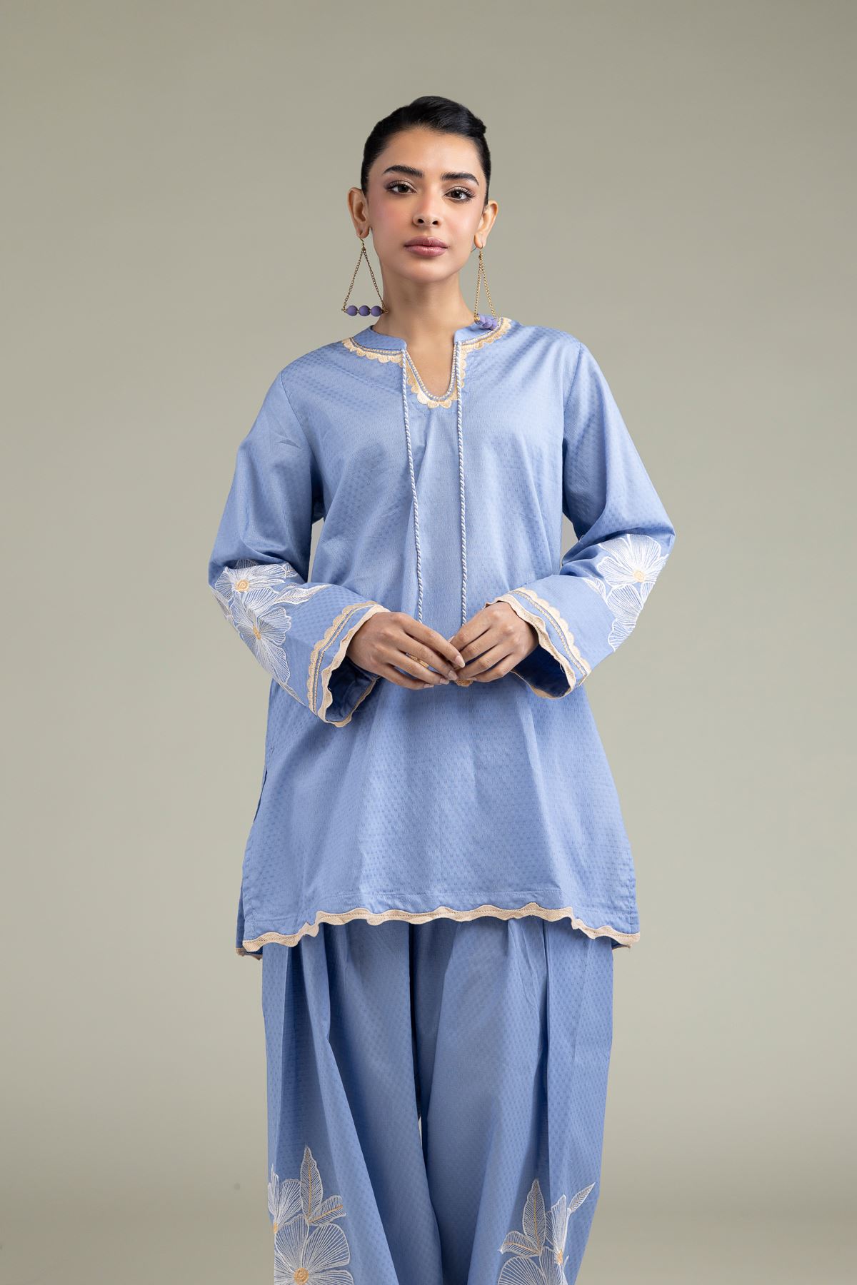 Embroidered Cotton Dobby Floral Scalloped Kurta - 1-26-211-A-F1-VG