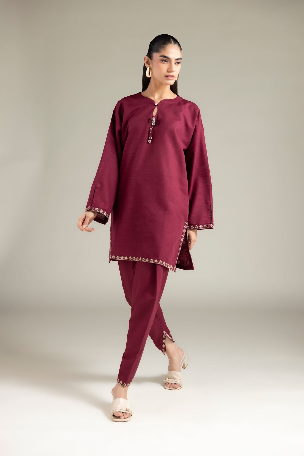 Embroidered Textured Cotton Shalwar - T-A113-26-110EB1-VG