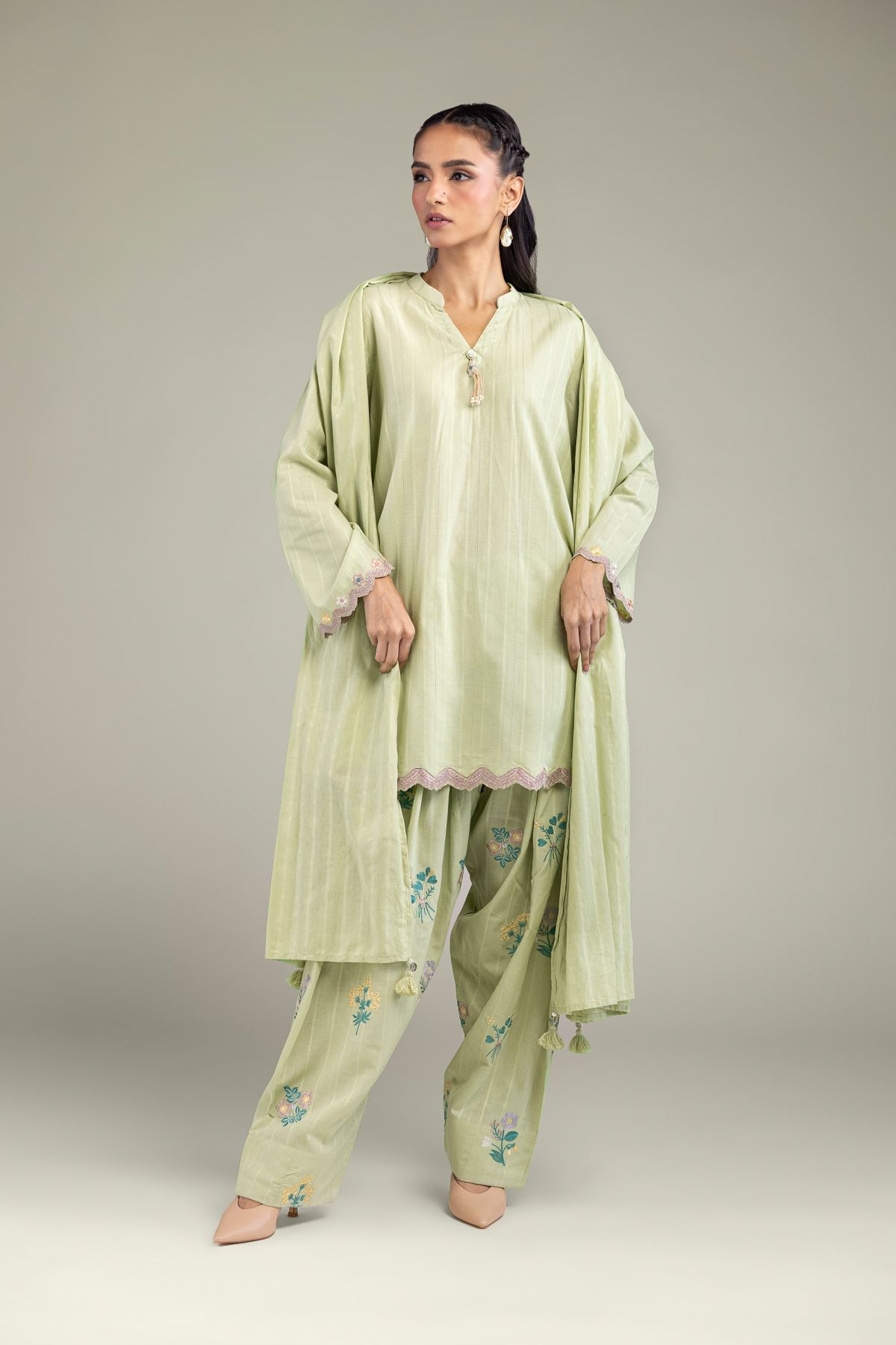 Embroidered Textured Cotton Solid Cotton Dupatta - 1-26-131-A-G-VG