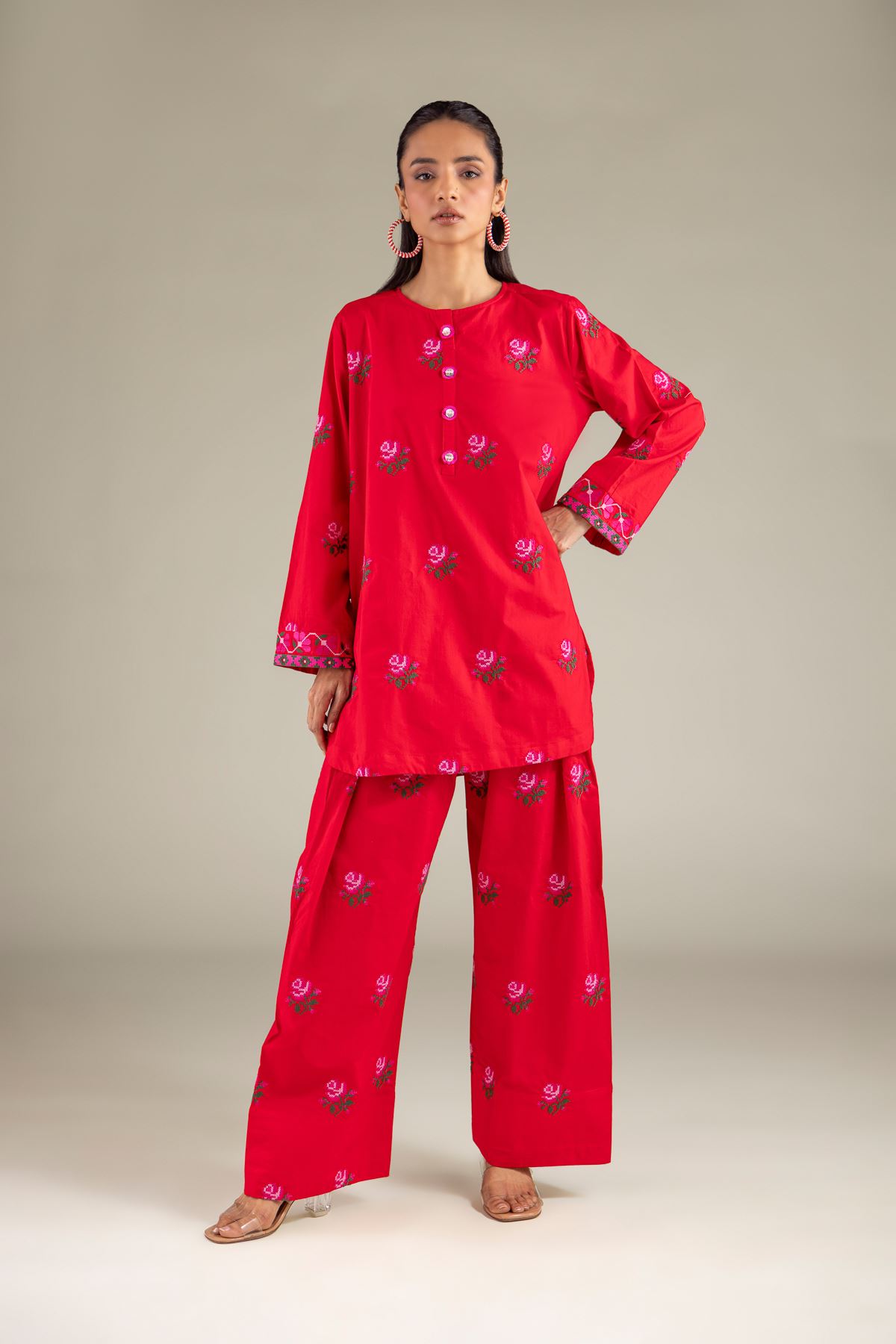 Embroidered Cambric Floral Round Neck Kurta - 1-26-114-A-B-VG