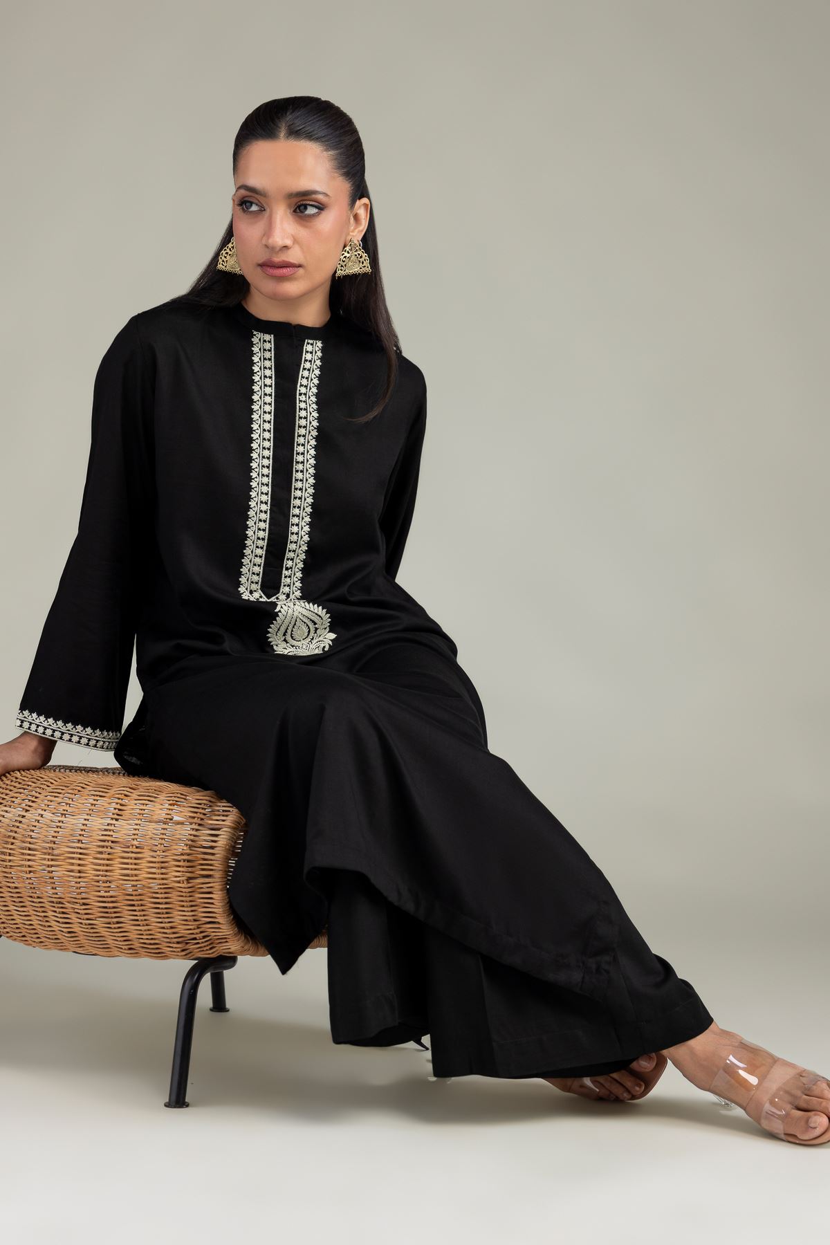 Dyed Raw Silk Black Longline Kurta - 8-26-301-A-C1-VG