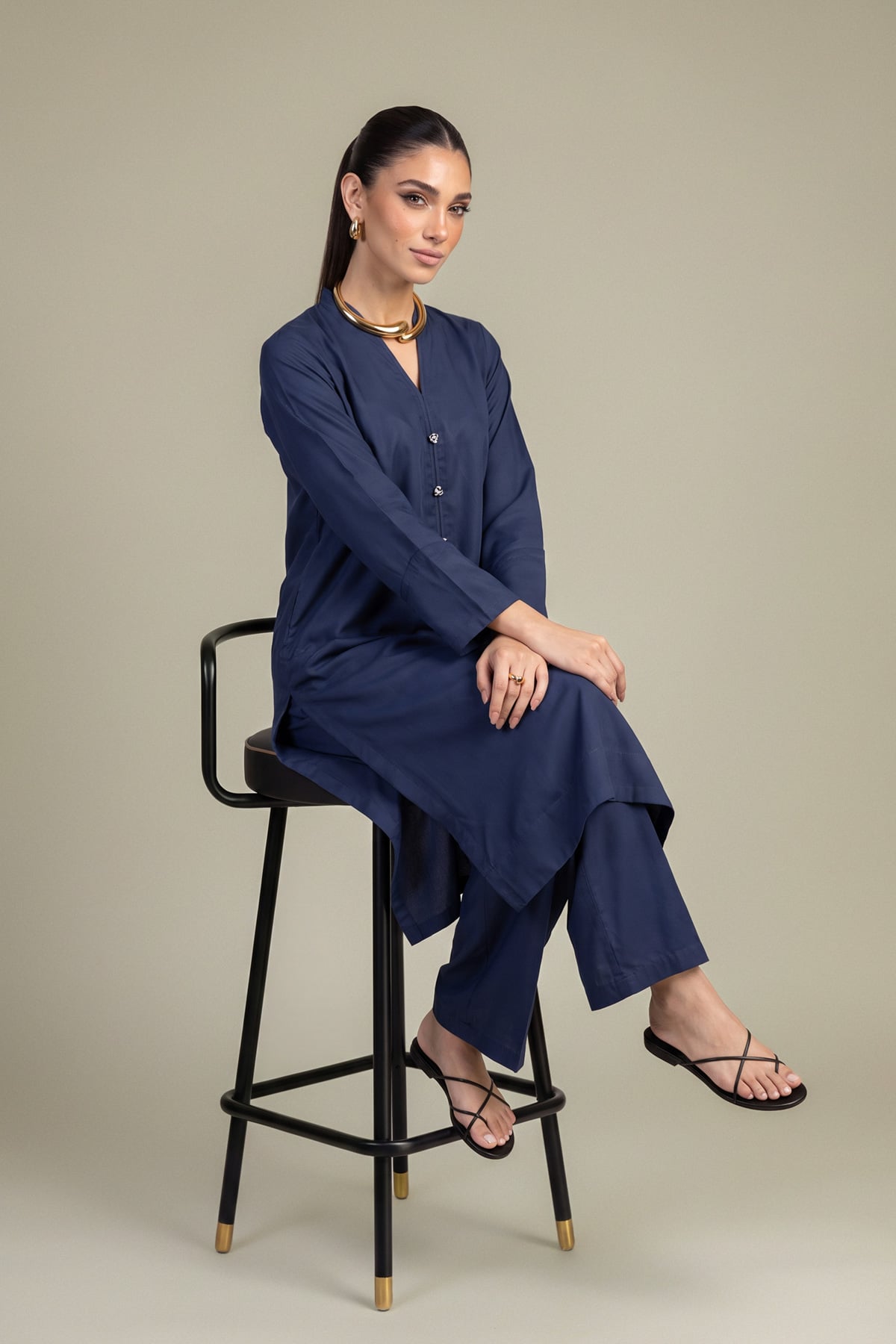 Dyed Raw Silk Navy V-Neck Kurta - 1-26-408-A-A1-VG