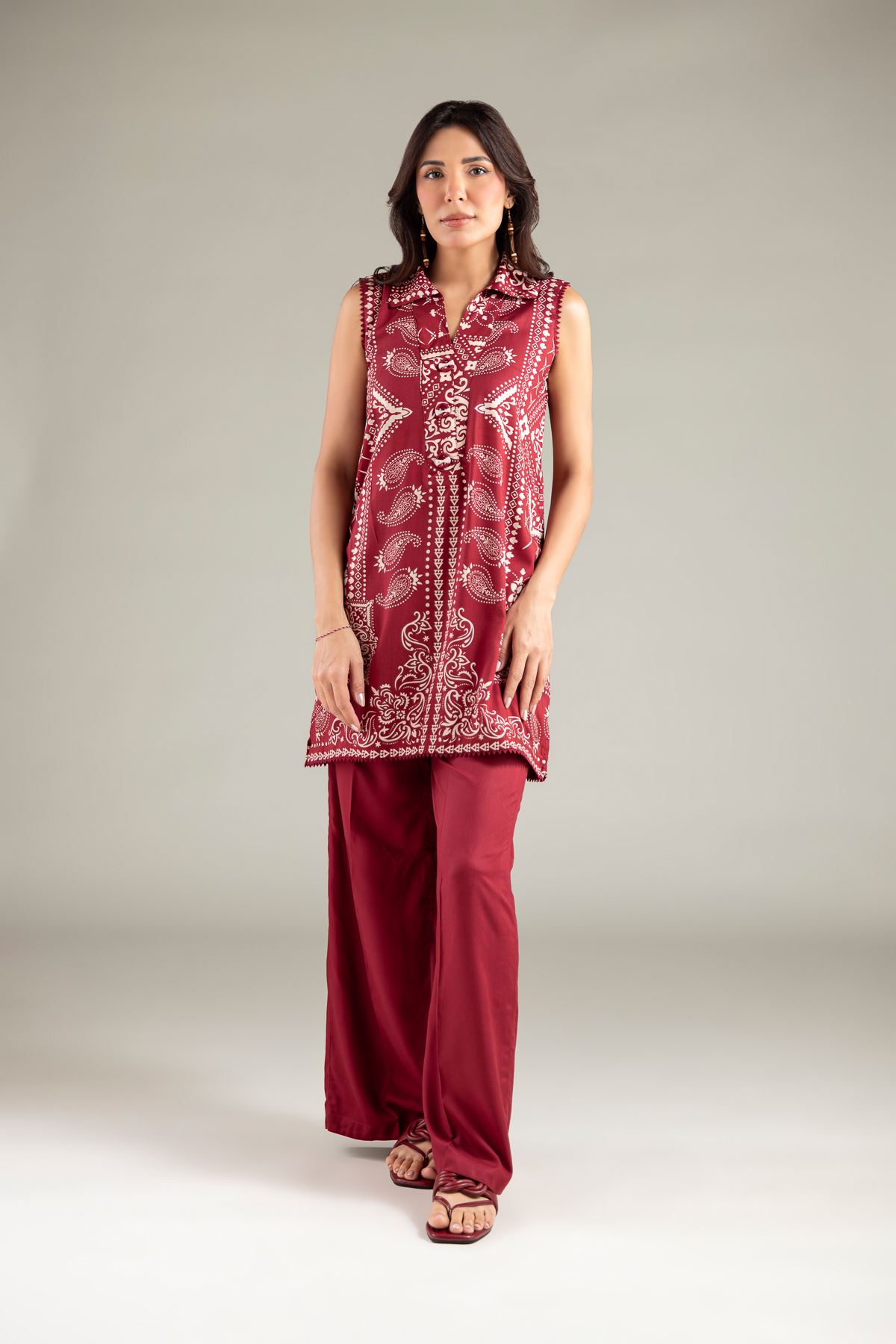 Printed Viscose Sleeveless Wing-Collar Kurta - 25-00-X2-05TA-VG