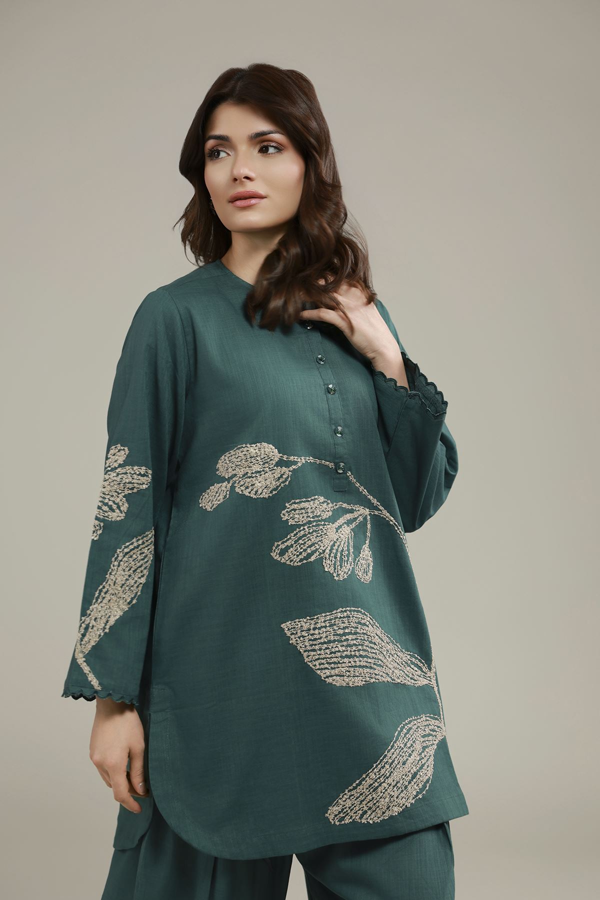 Embroidered Heavy Textured Cotton Short Floral Kurta - 25-09-9S1-01TA-VG